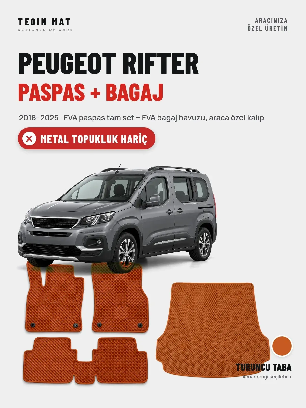 Peugeot Rifter EVA Paspas + Bagaj Havuzu Seti (2018–2025) Turuncu Taba – Metal Topukluk Hariç (1)