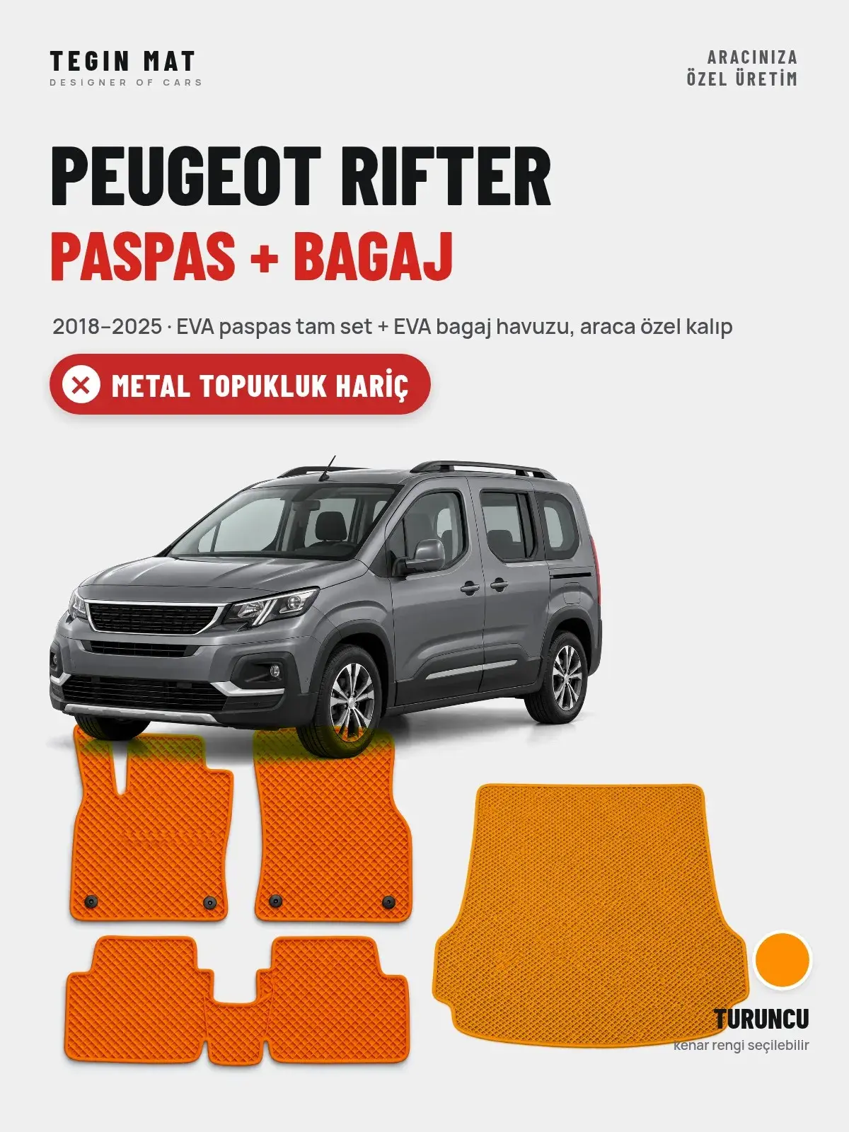 Peugeot Rifter EVA Paspas + Bagaj Havuzu Seti (2018–2025) Turuncu – Metal Topukluk Hariç (1)