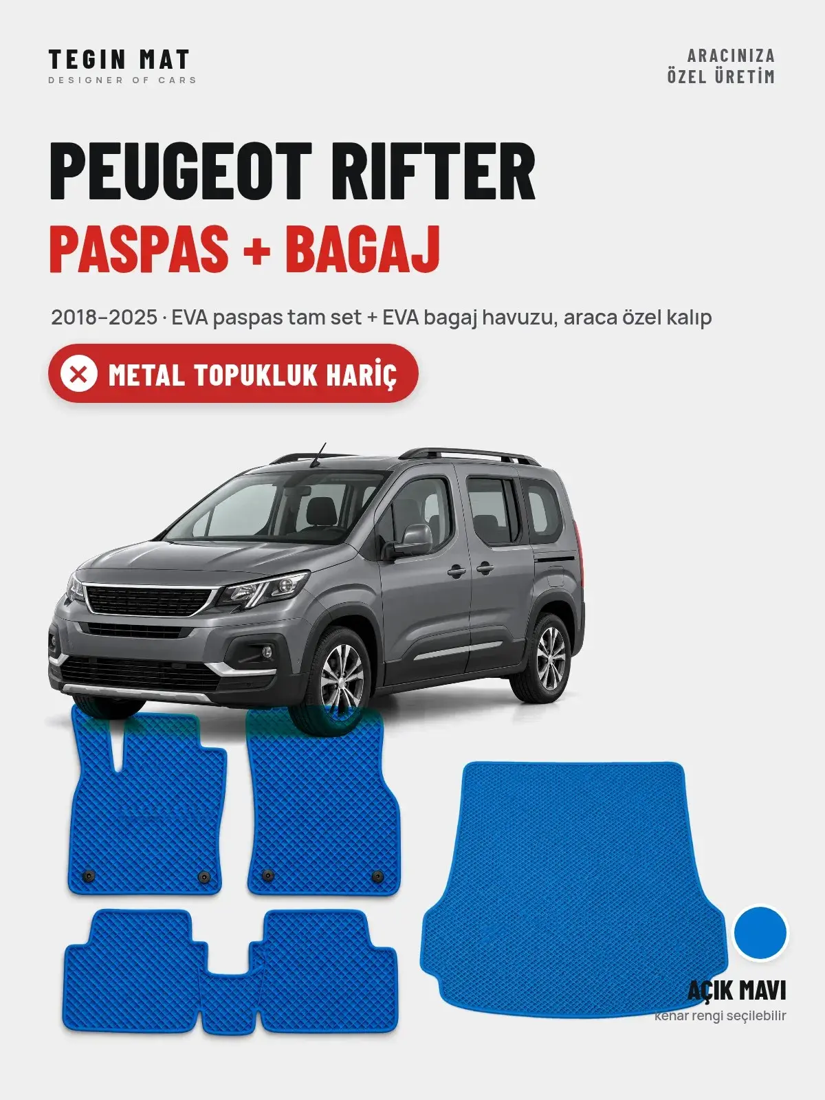 Peugeot Rifter EVA Paspas + Bagaj Havuzu Seti (2018–2025) Açık Mavi – Metal Topukluk Hariç (1)