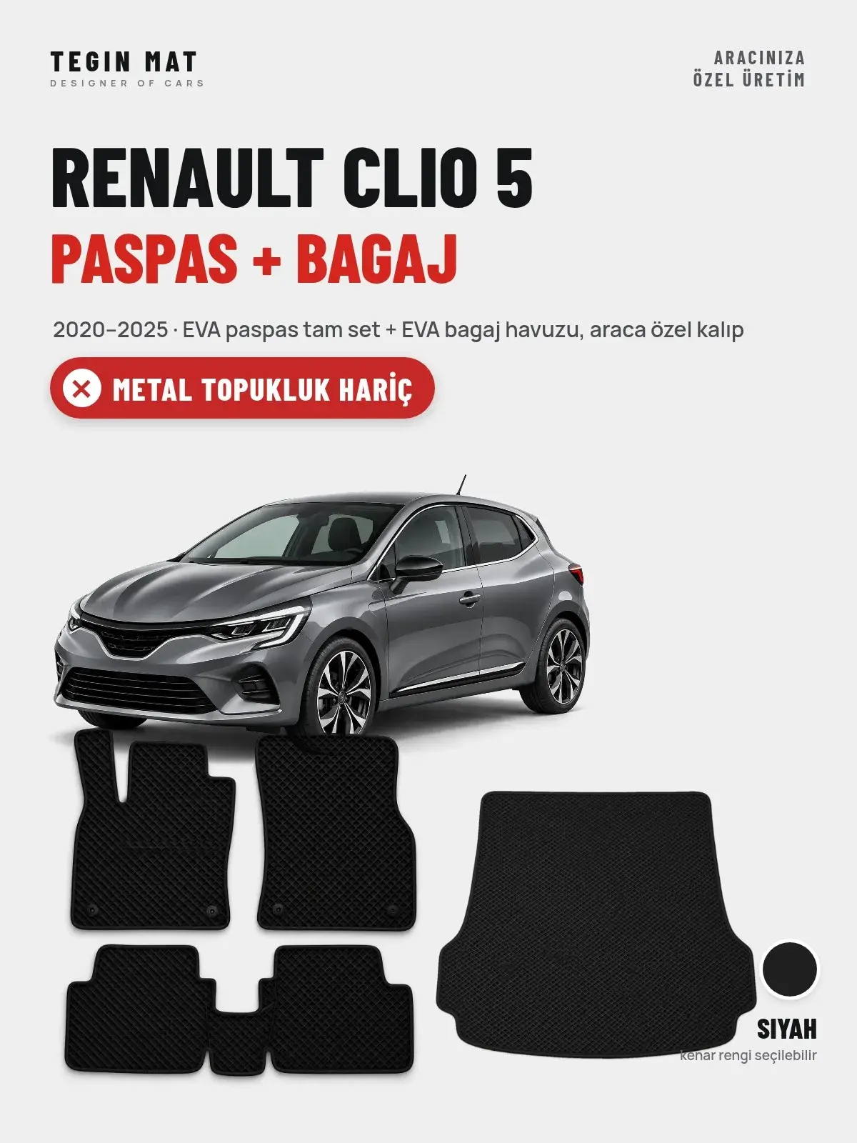 Renault Clio 5 EVA Paspas + Bagaj Havuzu Seti (2020–2025) Siyah – Metal Topukluk Hariç (1)