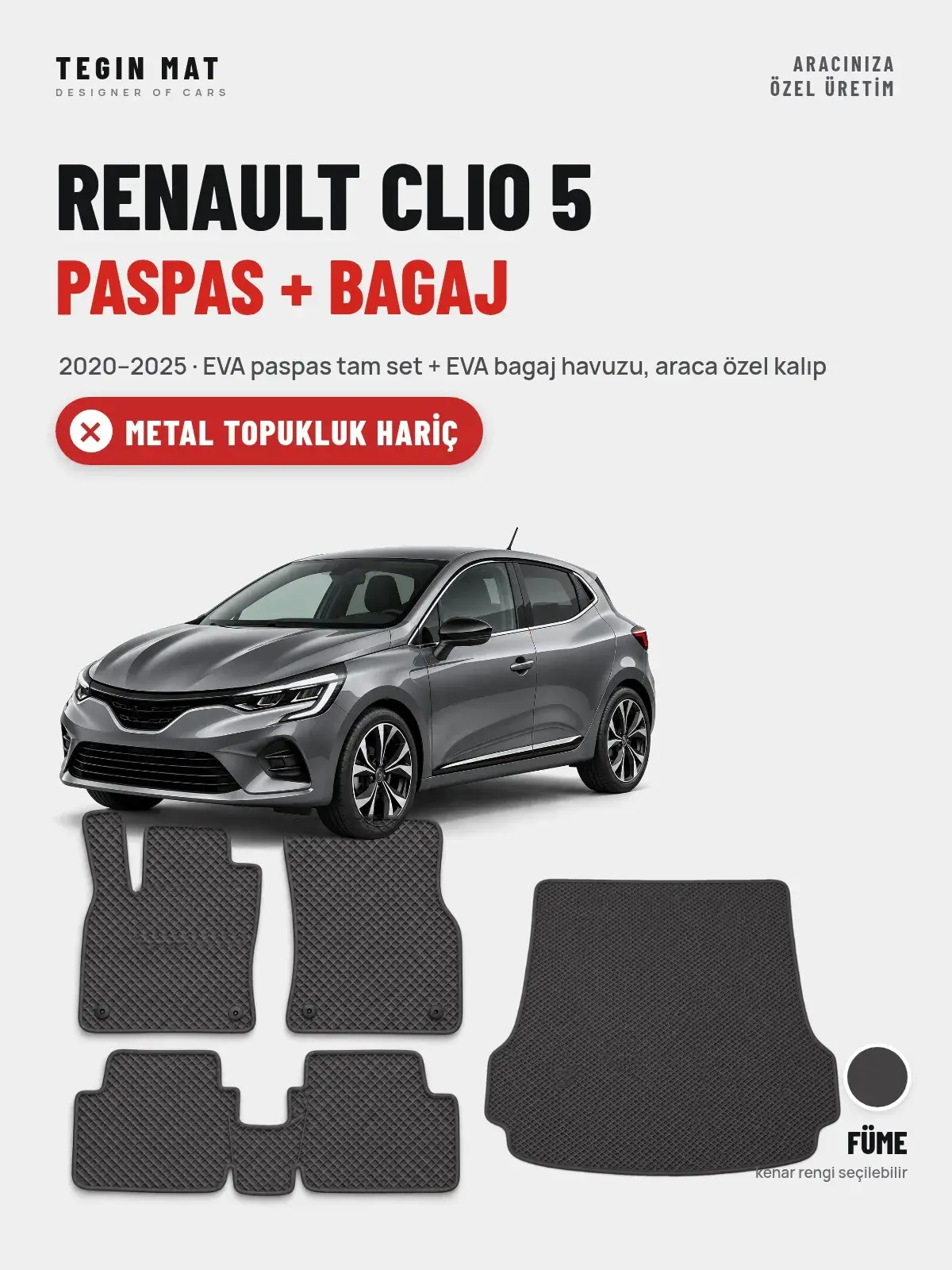 Renault Clio 5 EVA Paspas + Bagaj Havuzu Seti (2020–2025) Füme – Metal Topukluk Hariç (1)