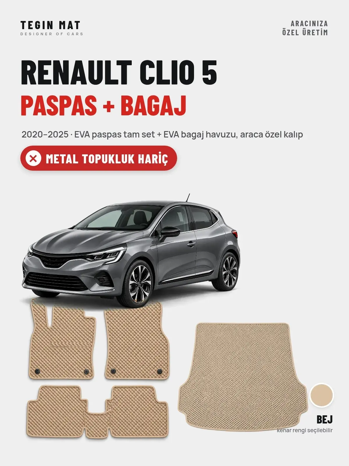 Renault Clio 5 EVA Paspas + Bagaj Havuzu Seti (2020–2025) Bej – Metal Topukluk Hariç (1)