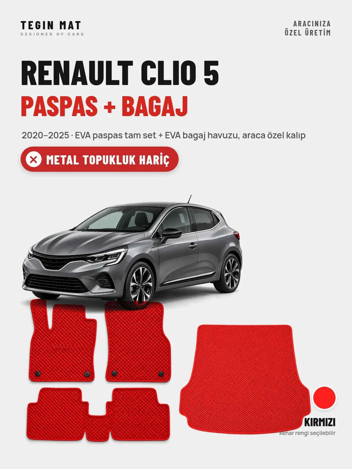 Renault Clio 5 EVA Paspas + Bagaj Havuzu Seti (2020–2025) Kırmızı – Metal Topukluk Hariç (1)