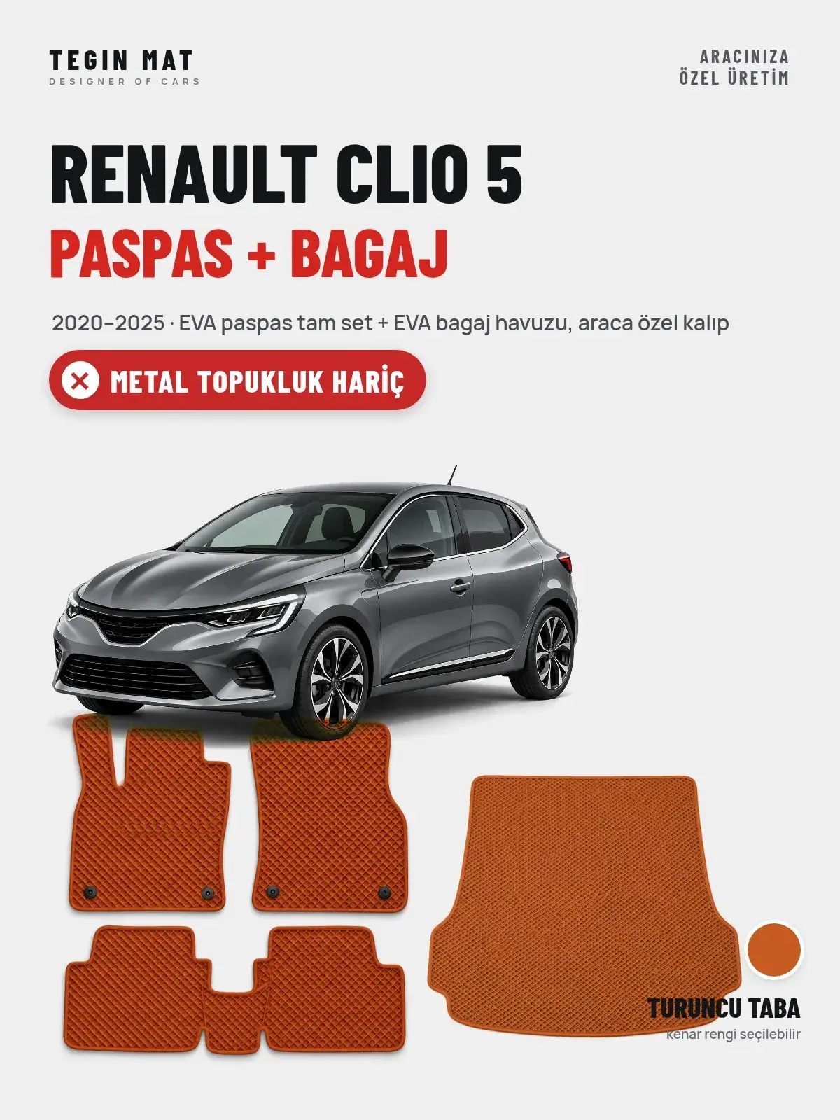 Renault Clio 5 EVA Paspas + Bagaj Havuzu Seti (2020–2025) Turuncu Taba – Metal Topukluk Hariç (1)