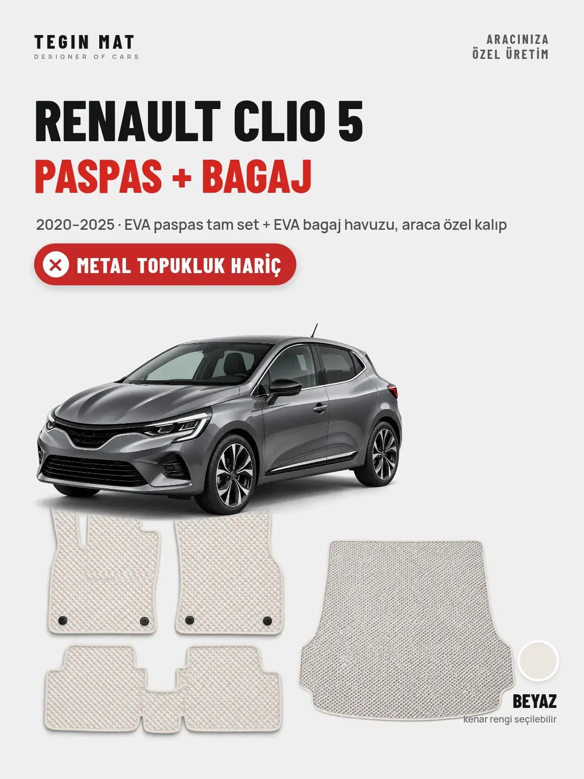 Renault Clio 5 EVA Paspas + Bagaj Havuzu Seti (2020–2025) Beyaz – Metal Topukluk Hariç (1)