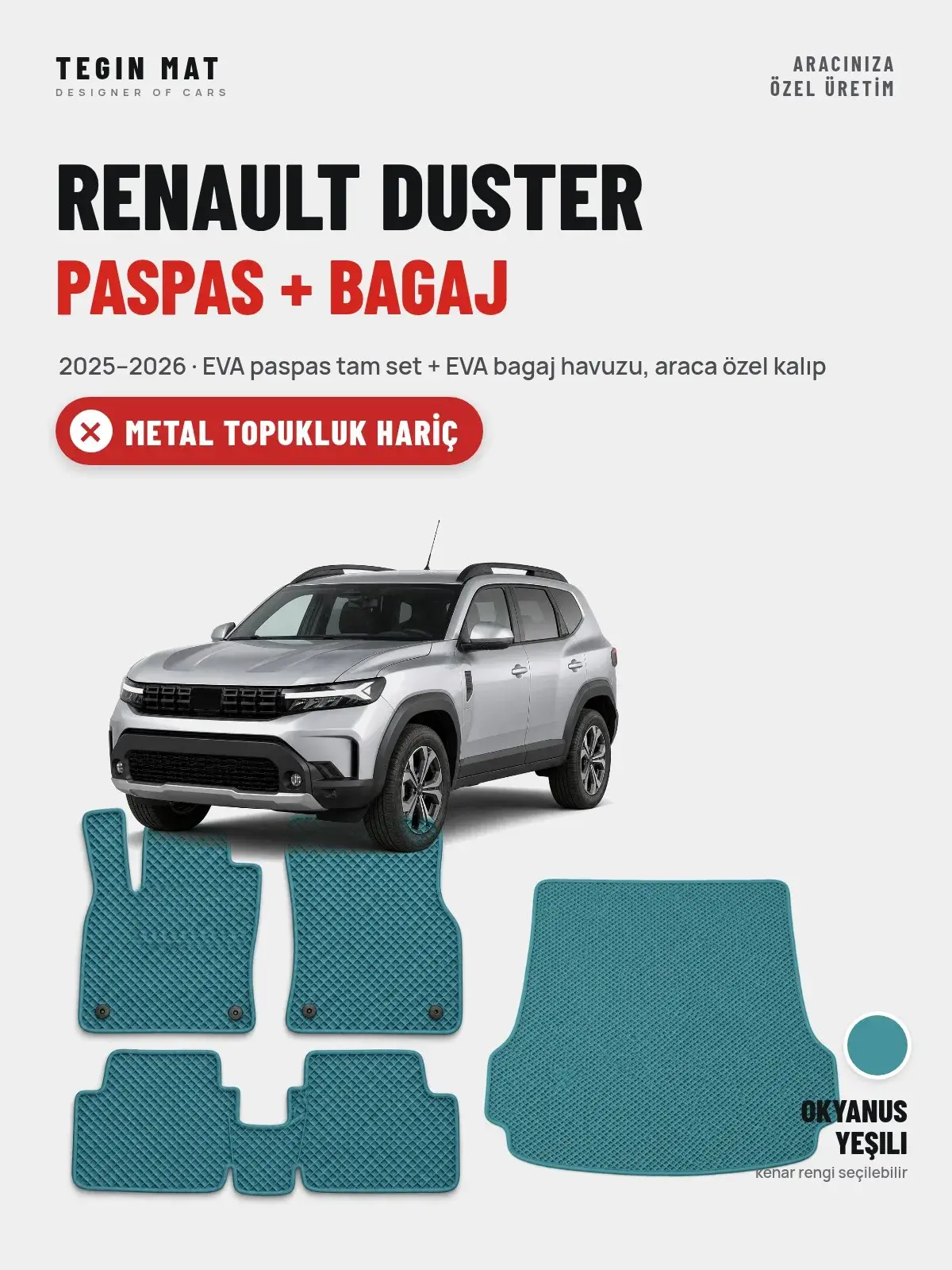 Renault Duster EVA Paspas + Bagaj Havuzu Seti (2025–2026) Okyanus Yeşili – Metal Topukluk Hariç (1)
