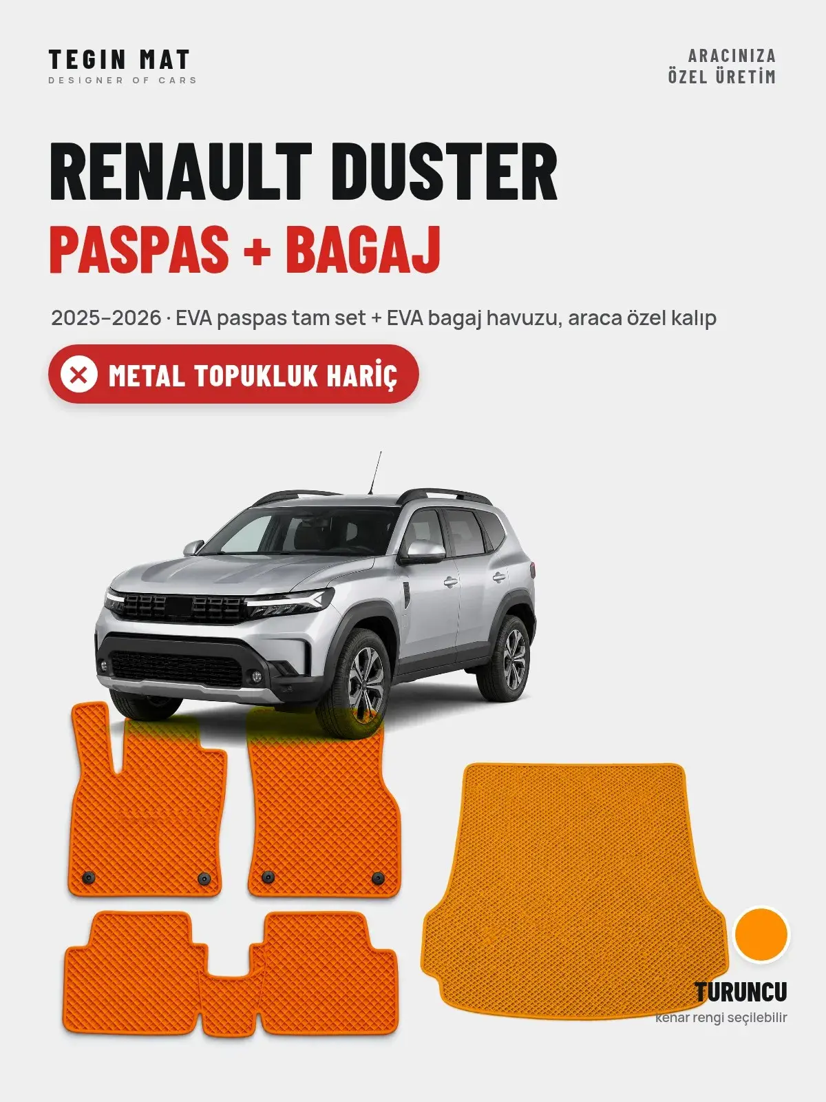 Renault Duster EVA Paspas + Bagaj Havuzu Seti (2025–2026) Turuncu – Metal Topukluk Hariç (1)