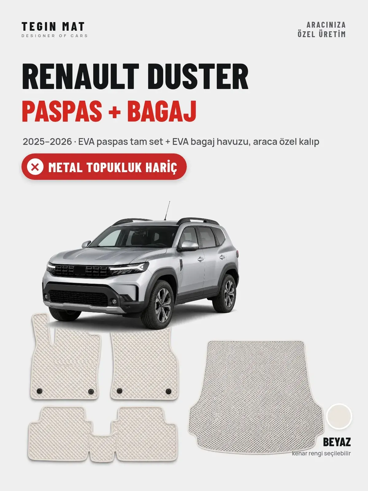Renault Duster EVA Paspas + Bagaj Havuzu Seti (2025–2026) Beyaz – Metal Topukluk Hariç (1)