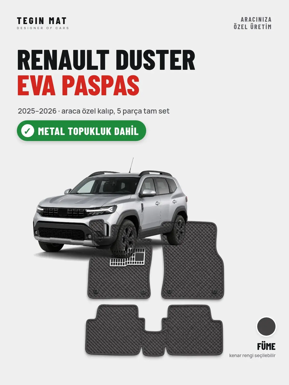 Renault Duster EVA Oto Paspas Tam Set (2025–2026) Füme – Metal Topukluk Dahil (1)