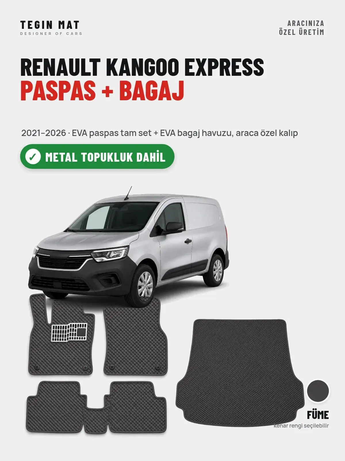 Renault Kangoo Express EVA Paspas + Bagaj Havuzu Seti (2021–2026) Füme – Metal Topukluk Dahil (1)