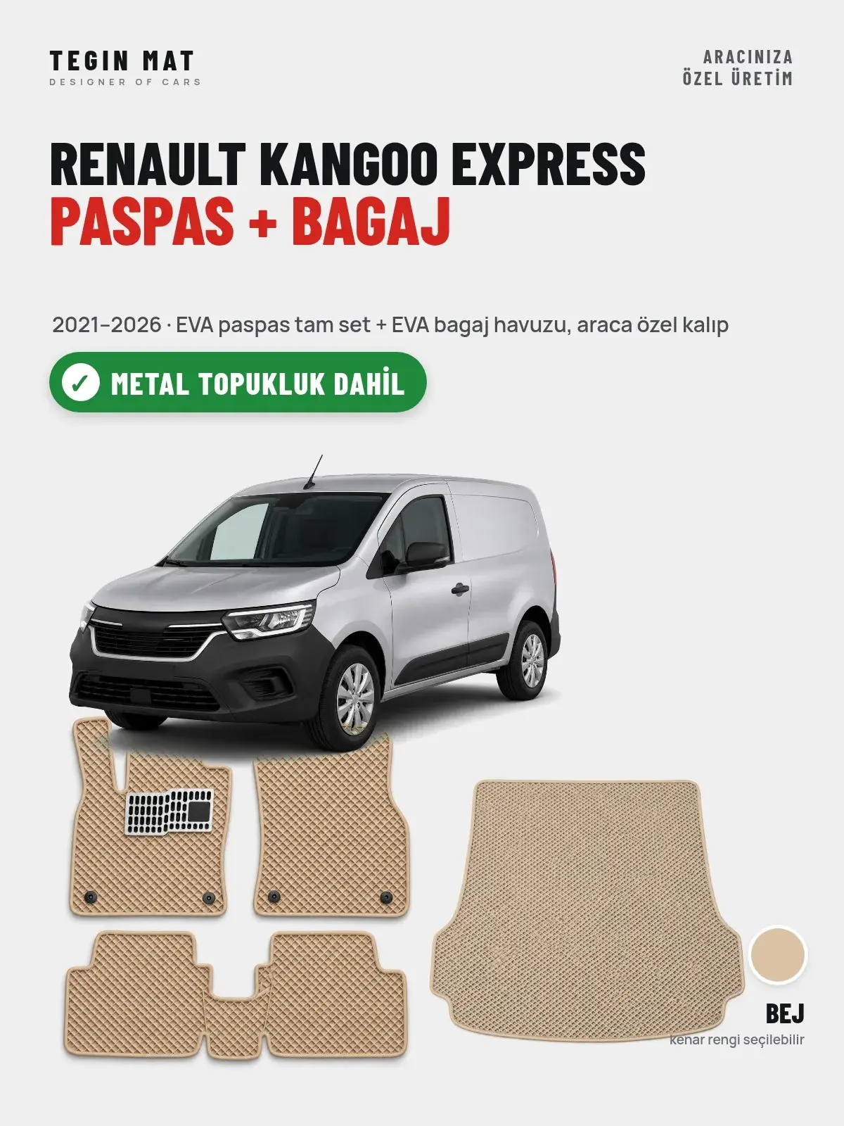 Renault Kangoo Express EVA Paspas + Bagaj Havuzu Seti (2021–2026) Bej – Metal Topukluk Dahil (1)