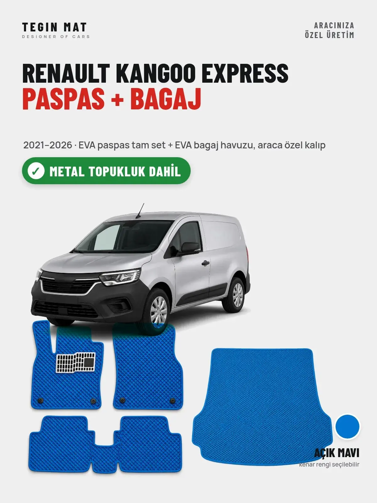 Renault Kangoo Express EVA Paspas + Bagaj Havuzu Seti (2021–2026) Açık Mavi – Metal Topukluk Dahil (1)