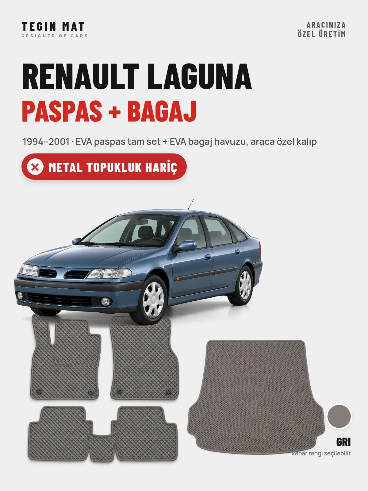 Renault Laguna EVA Paspas + Bagaj Havuzu Seti (1994–2001) Gri – Metal Topukluk Hariç (1)