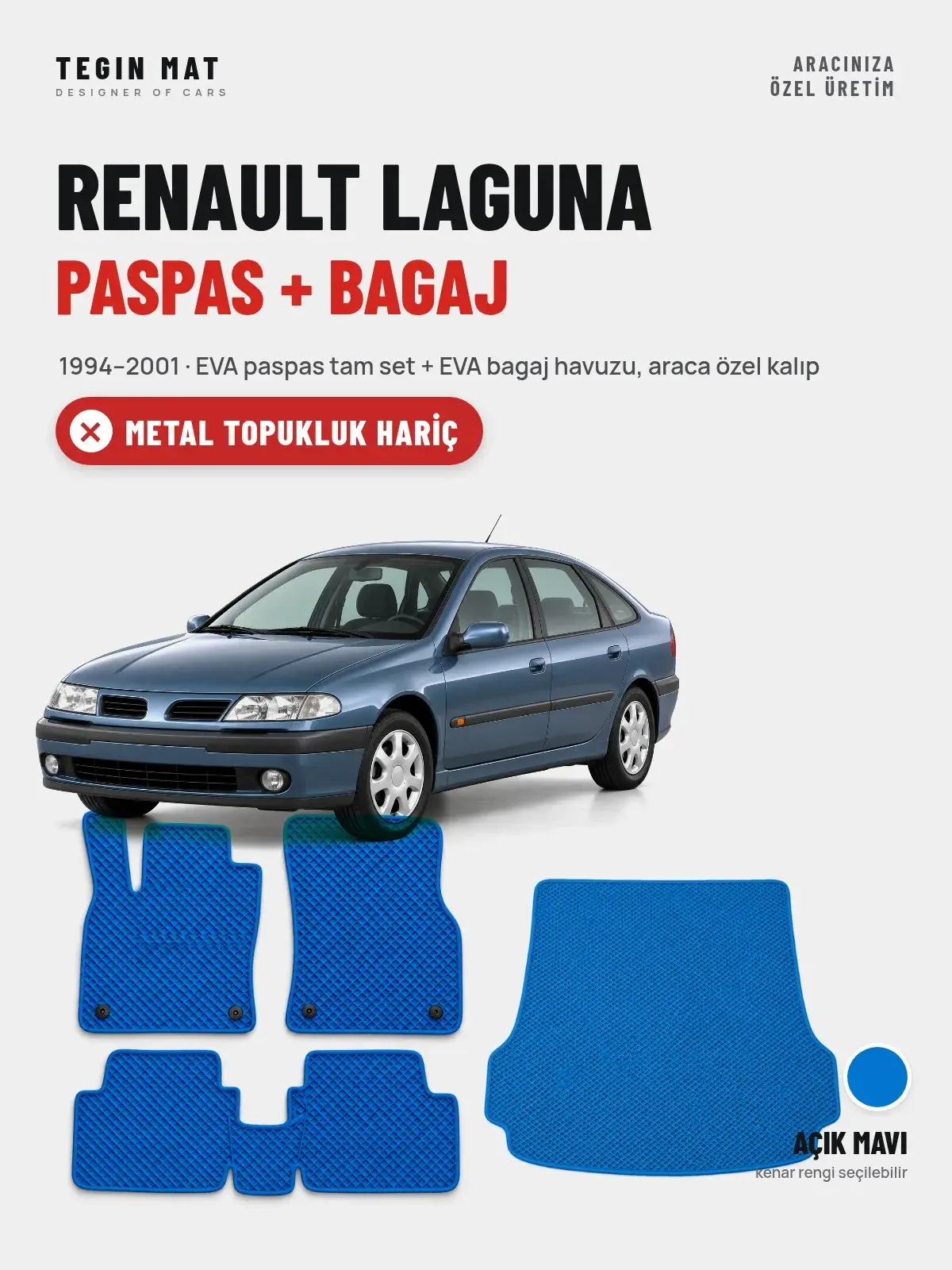 Renault Laguna EVA Paspas + Bagaj Havuzu Seti (1994–2001) Açık Mavi – Metal Topukluk Hariç (1)