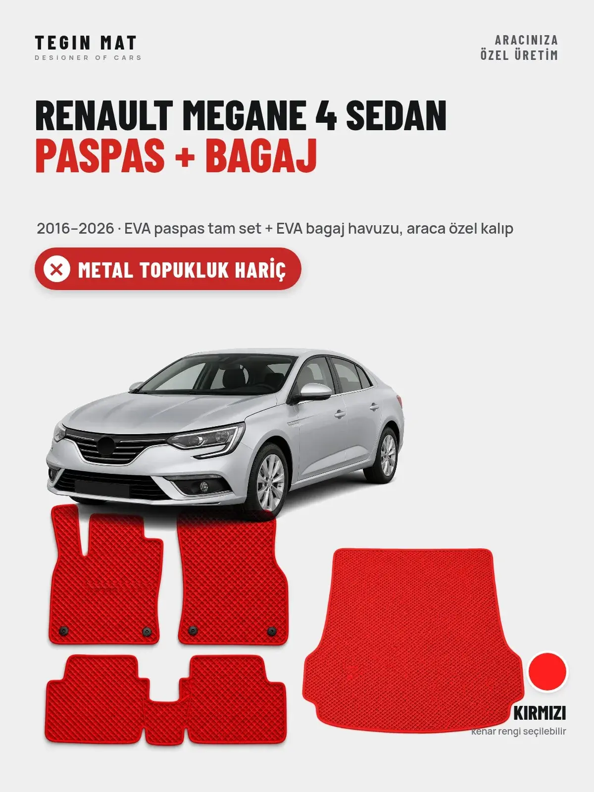 Renault Megane 4 Sedan EVA Paspas + Bagaj Havuzu Seti (2016–2026) Kırmızı – Metal Topukluk Hariç (1)