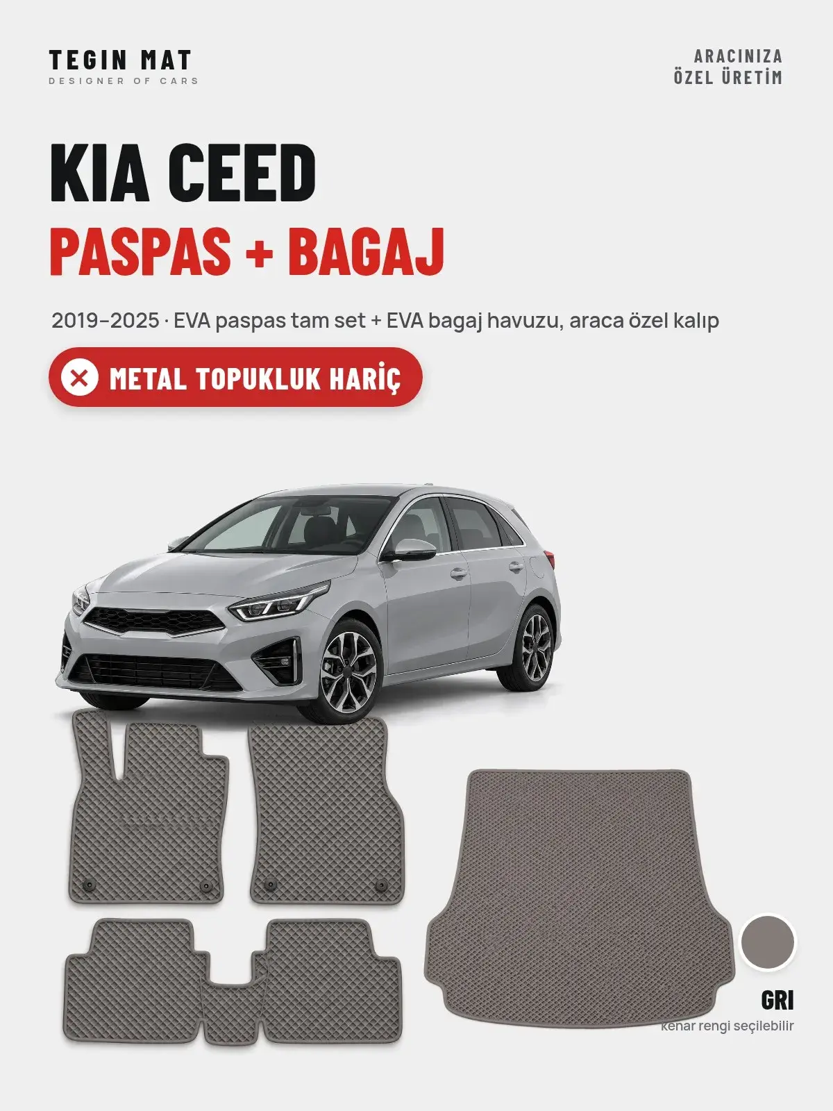 Kia Ceed EVA Paspas + Bagaj Havuzu Seti (2019–2025) Gri – Metal Topukluk Hariç (1)