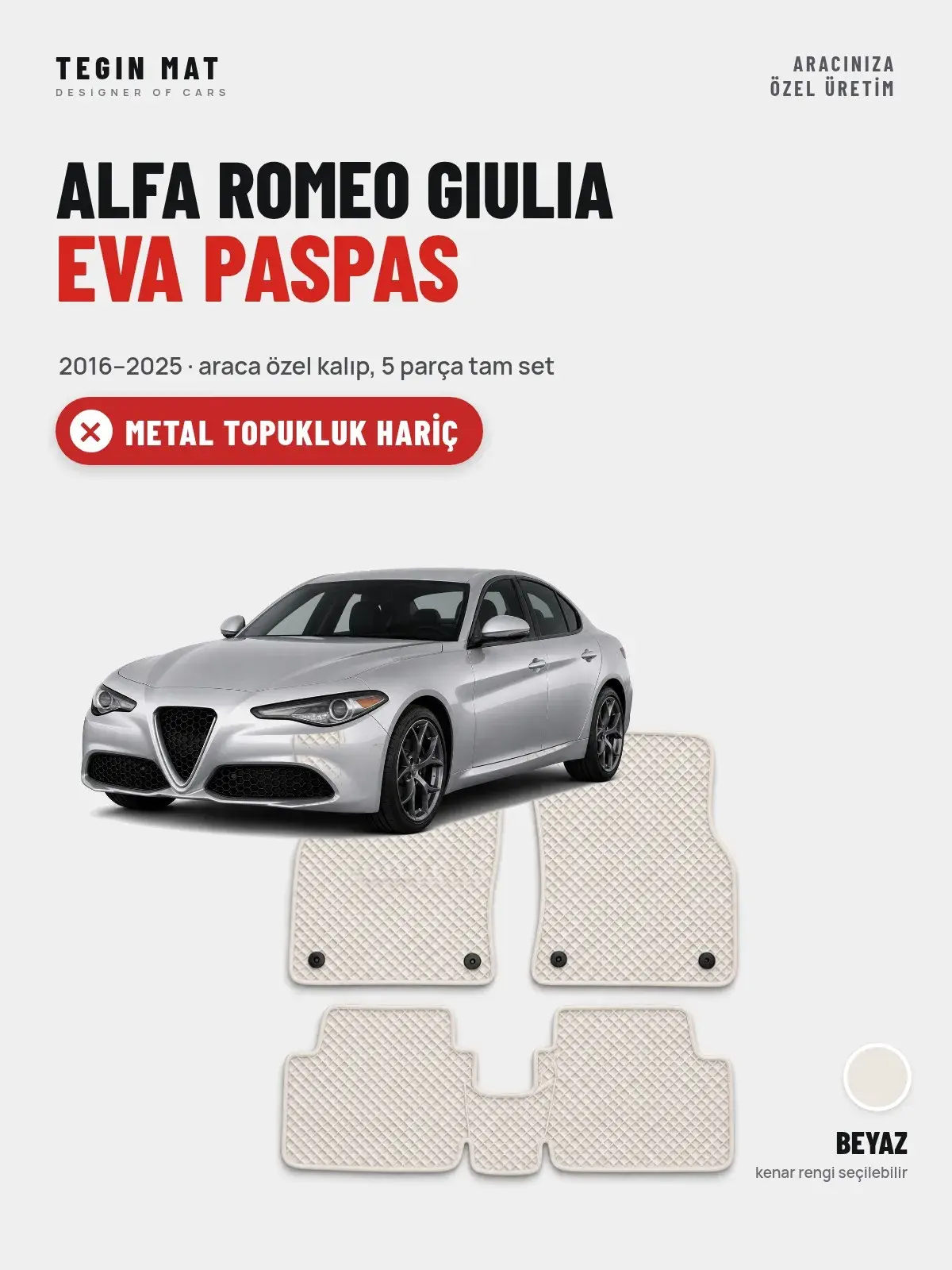 Alfa Romeo Giulia EVA Oto Paspas Tam Set (2016–2025) Beyaz – Metal Topukluk Hariç (1)