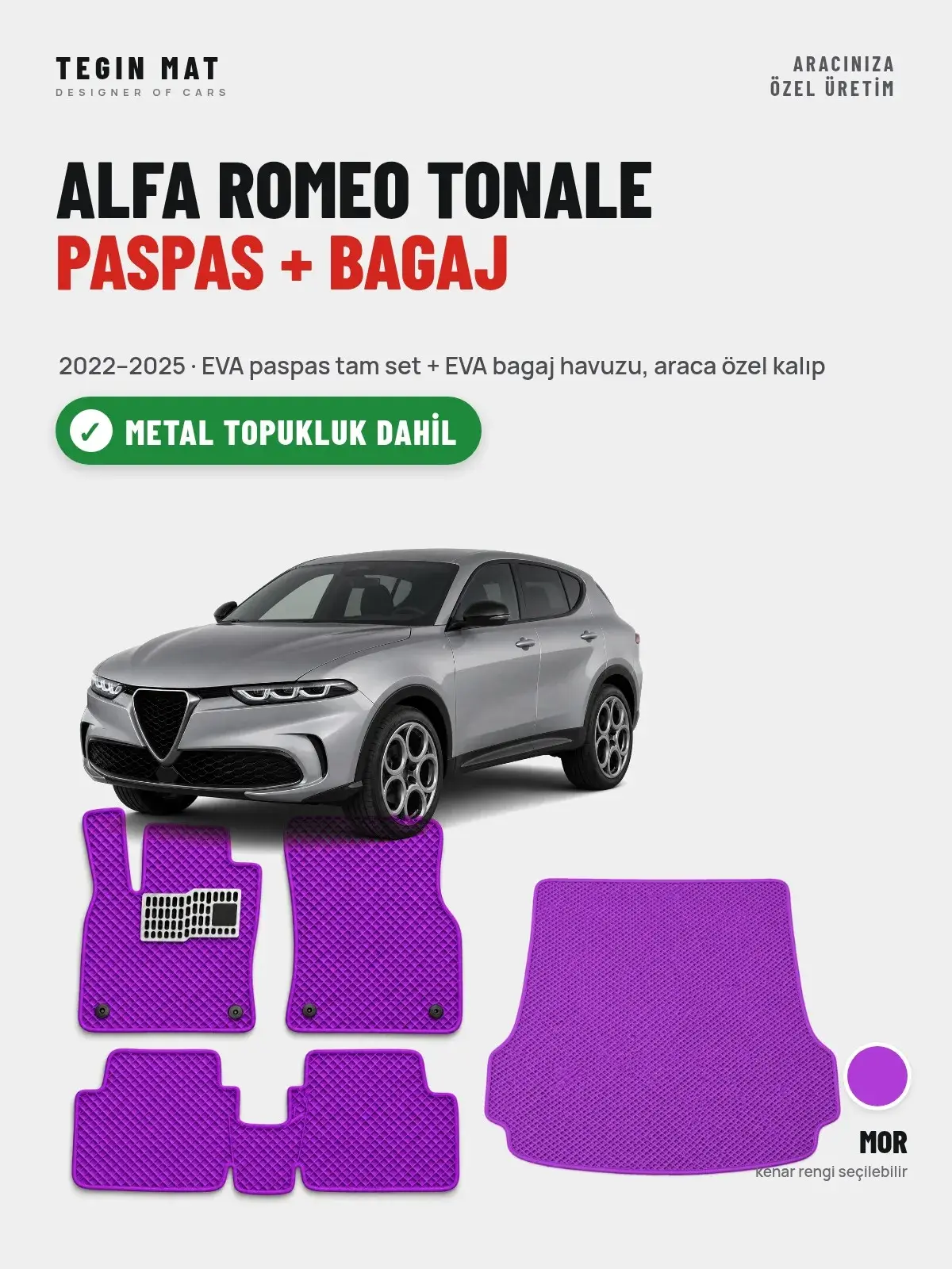 Alfa Romeo Tonale EVA Paspas + Bagaj Havuzu Seti (2022–2025) Mor – Metal Topukluk Dahil (1)