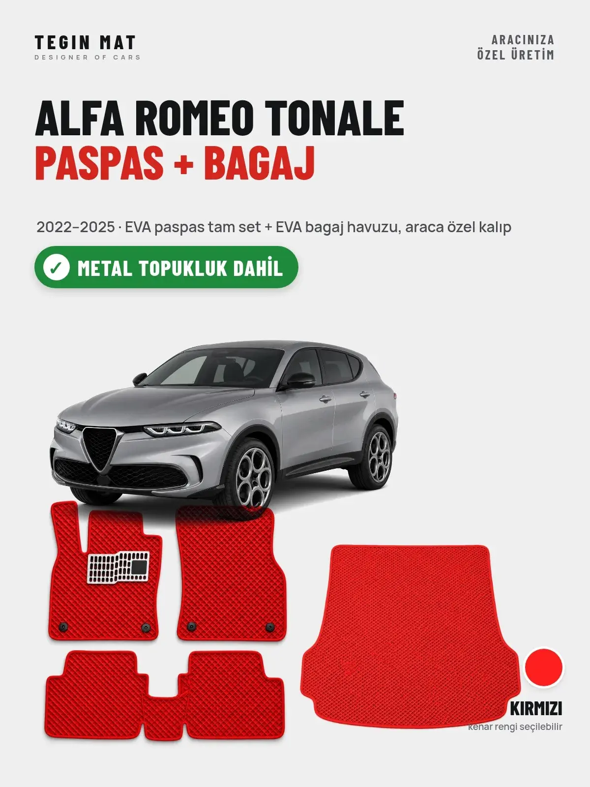 Alfa Romeo Tonale EVA Paspas + Bagaj Havuzu Seti (2022–2025) Kırmızı – Metal Topukluk Dahil (1)