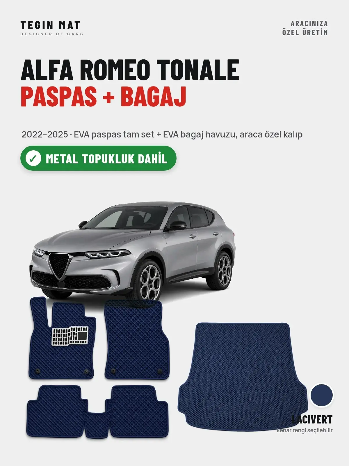 Alfa Romeo Tonale EVA Paspas + Bagaj Havuzu Seti (2022–2025) Lacivert – Metal Topukluk Dahil (1)