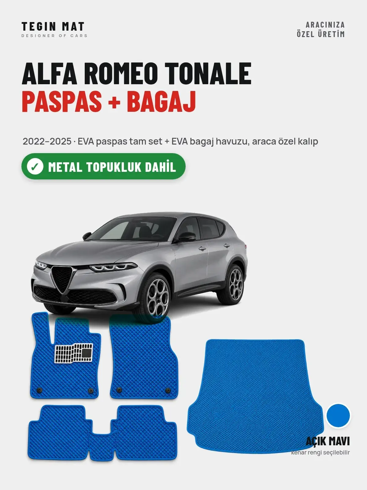 Alfa Romeo Tonale EVA Paspas + Bagaj Havuzu Seti (2022–2025) Açık Mavi – Metal Topukluk Dahil (1)