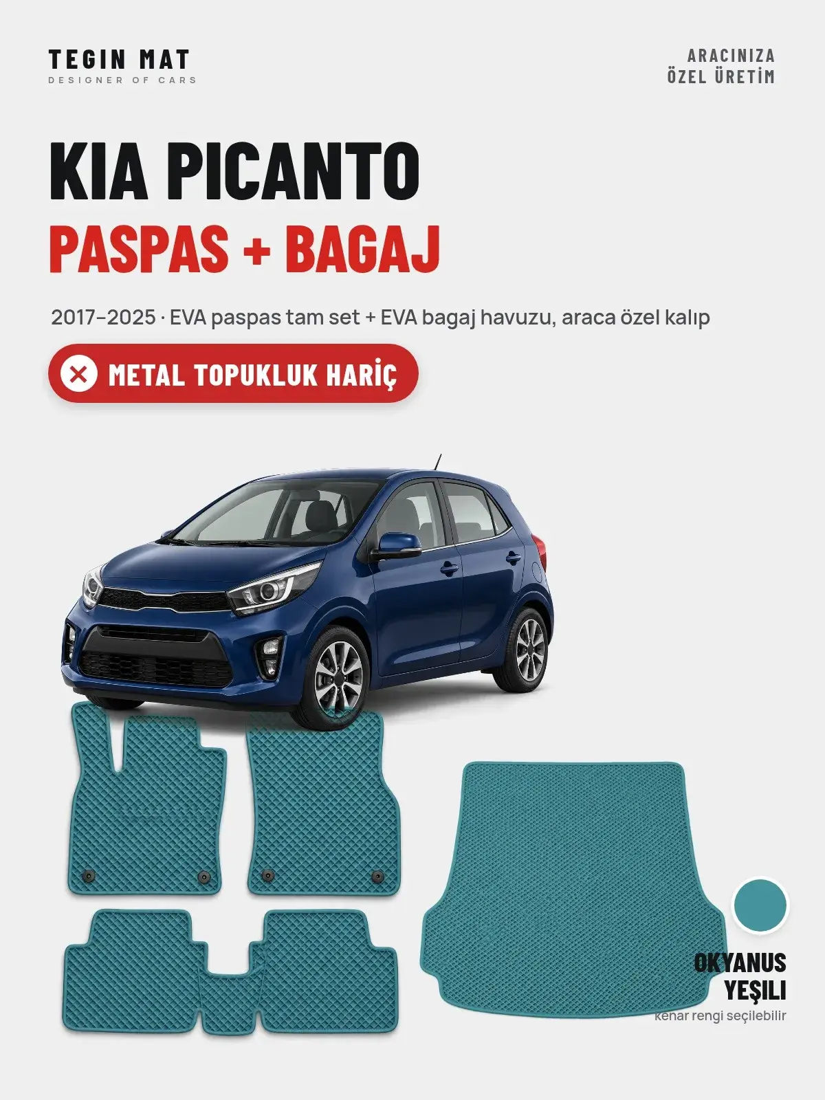 Kia Picanto EVA Paspas + Bagaj Havuzu Seti (2017–2025) Okyanus Yeşili – Metal Topukluk Hariç (1)