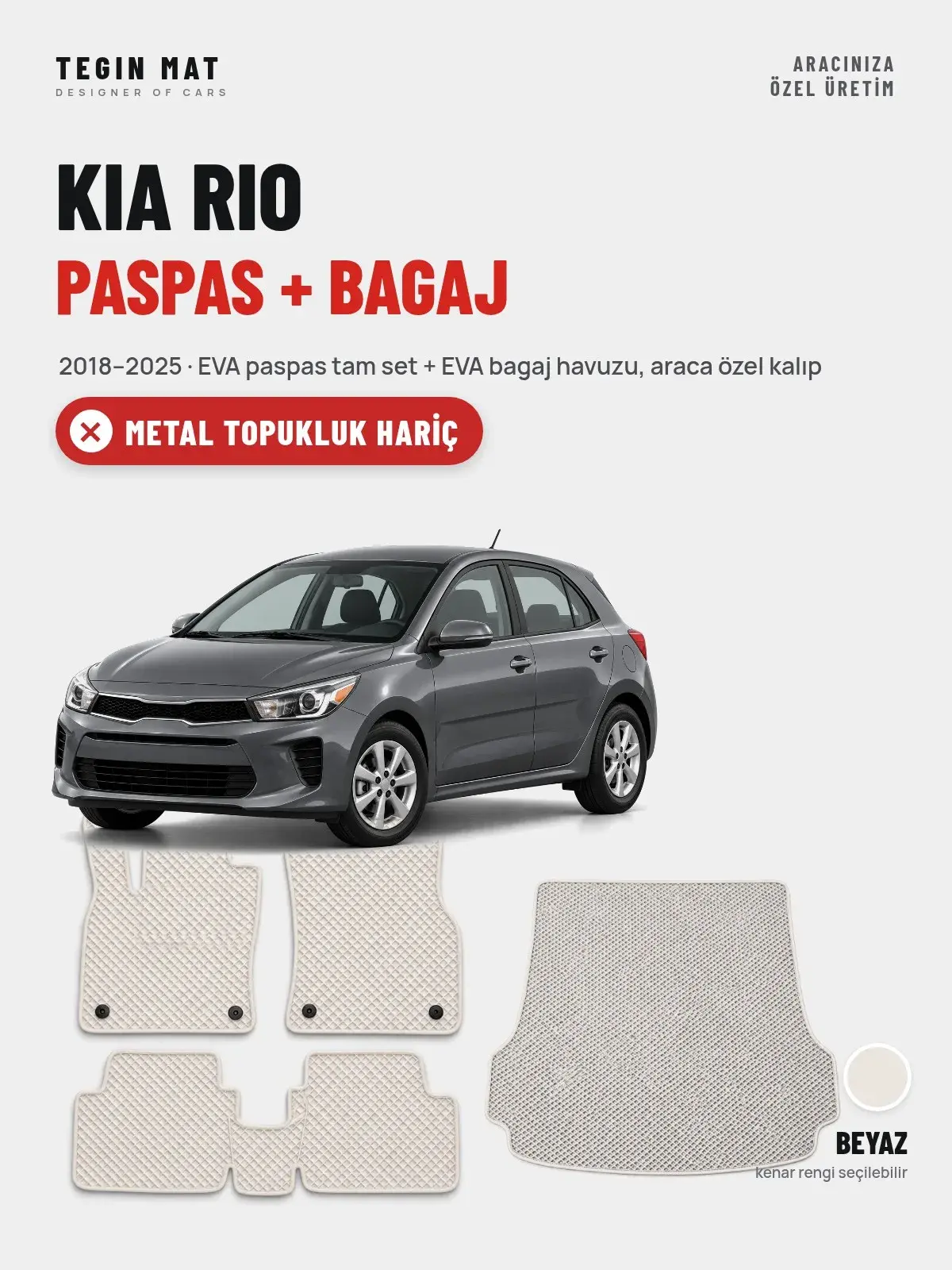 Kia Rio EVA Paspas + Bagaj Havuzu Seti (2018–2025) Beyaz – Metal Topukluk Hariç (1)
