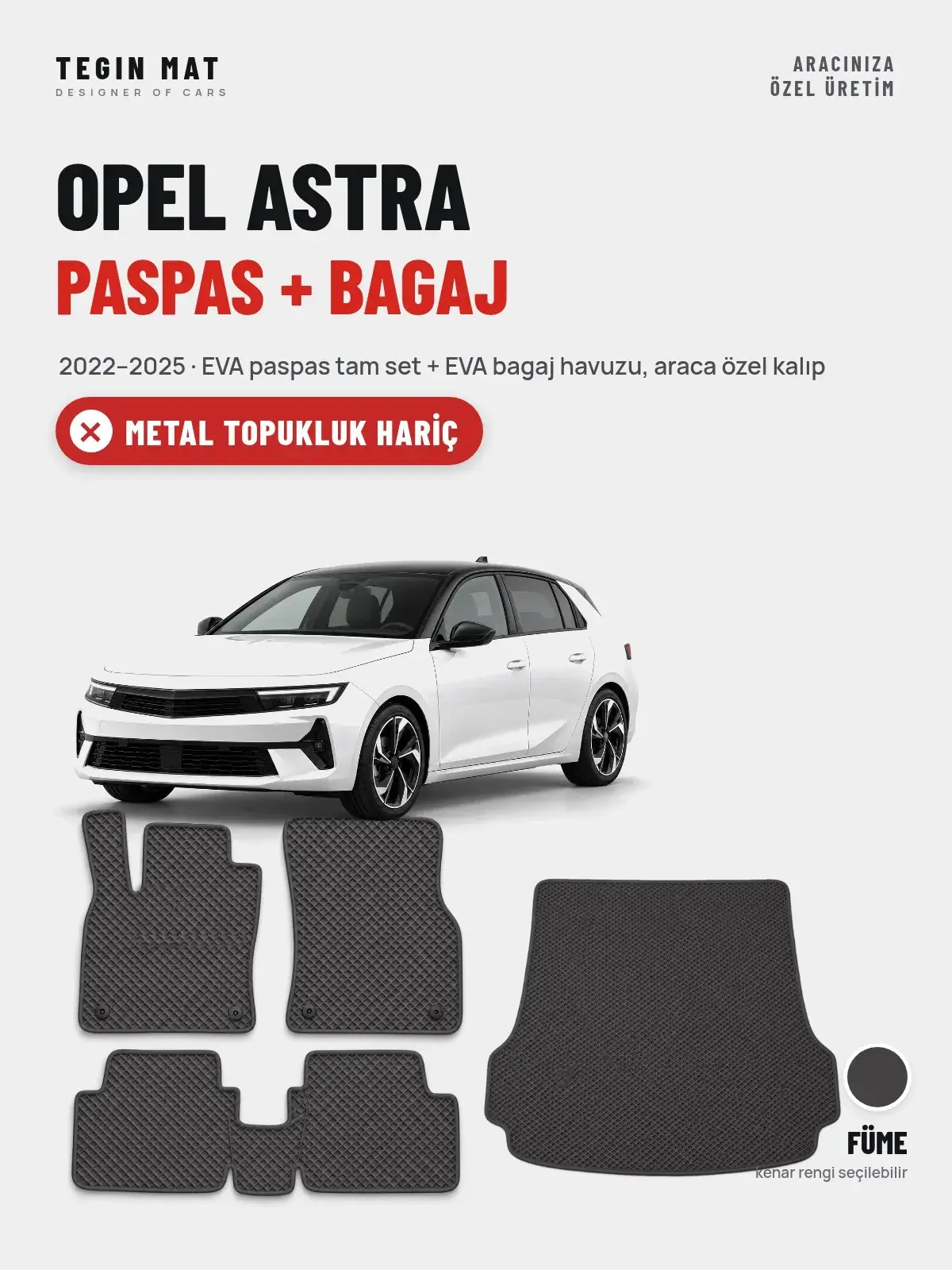 Opel Astra EVA Paspas + Bagaj Havuzu Seti (2022–2025) Füme – Metal Topukluk Hariç (1)