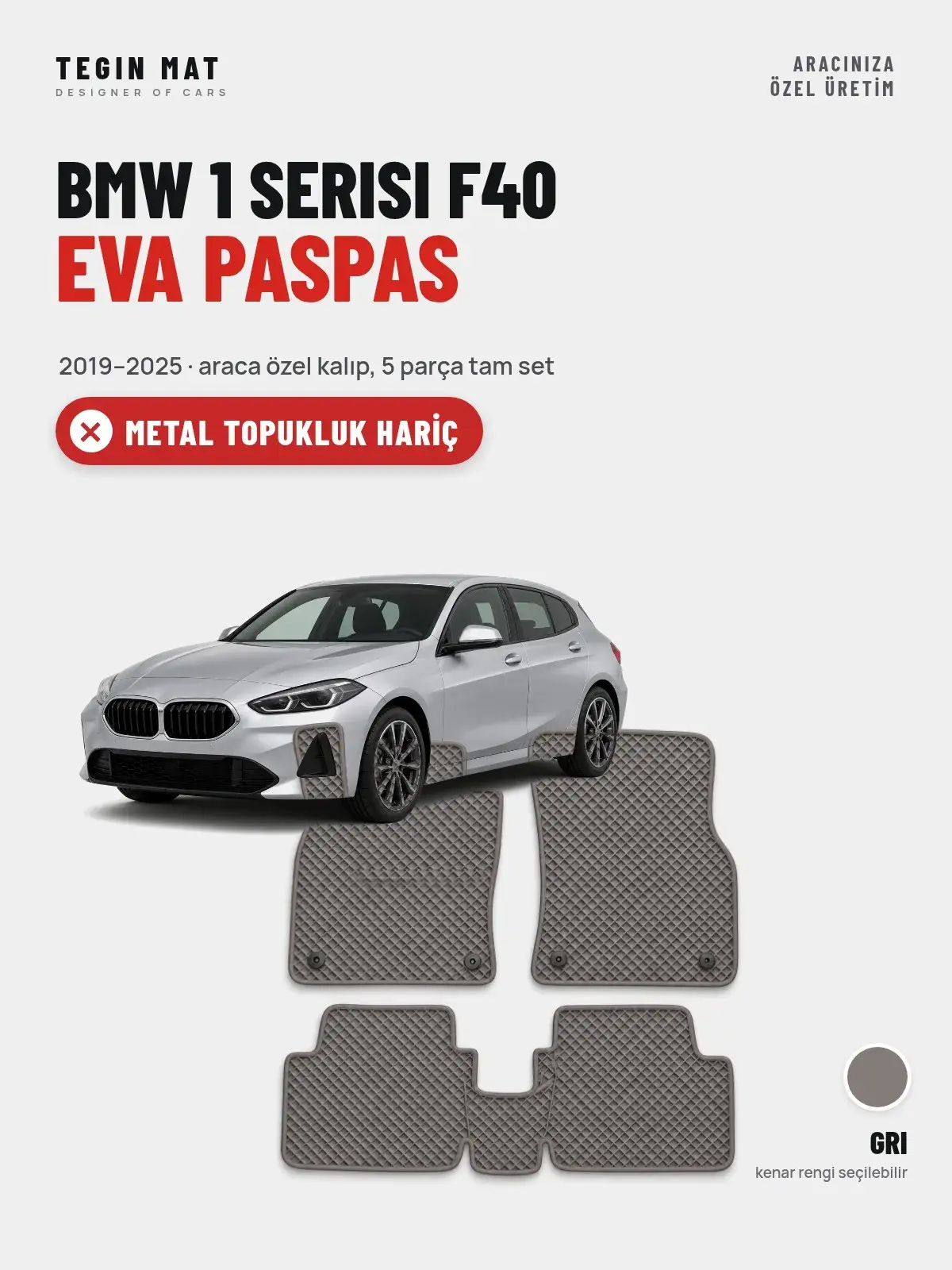 BMW 1 Serisi F40 EVA Oto Paspas Tam Set (2019–2025) Gri – Metal Topukluk Hariç (1)