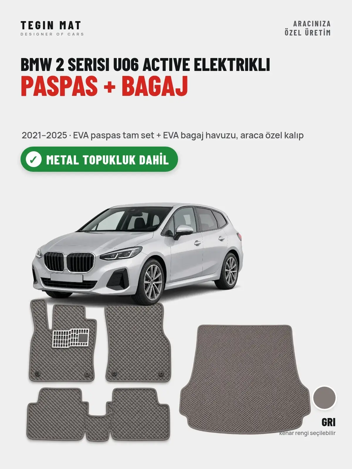 BMW 2 Serisi UO6 Active Elektrikli EVA Paspas + Bagaj Havuzu Seti (2021–2025) Gri – Metal Topukluk Dahil (1)