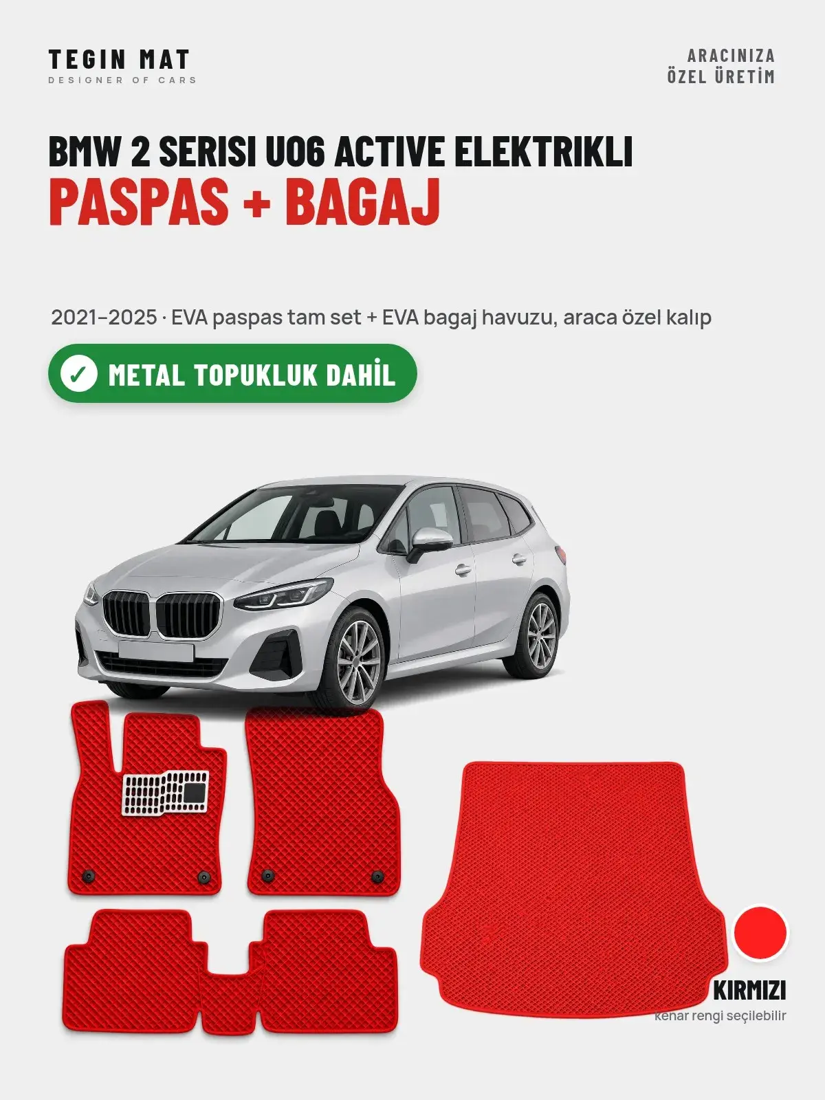 BMW 2 Serisi UO6 Active Elektrikli EVA Paspas + Bagaj Havuzu Seti (2021–2025) Kırmızı – Metal Topukluk Dahil (1)