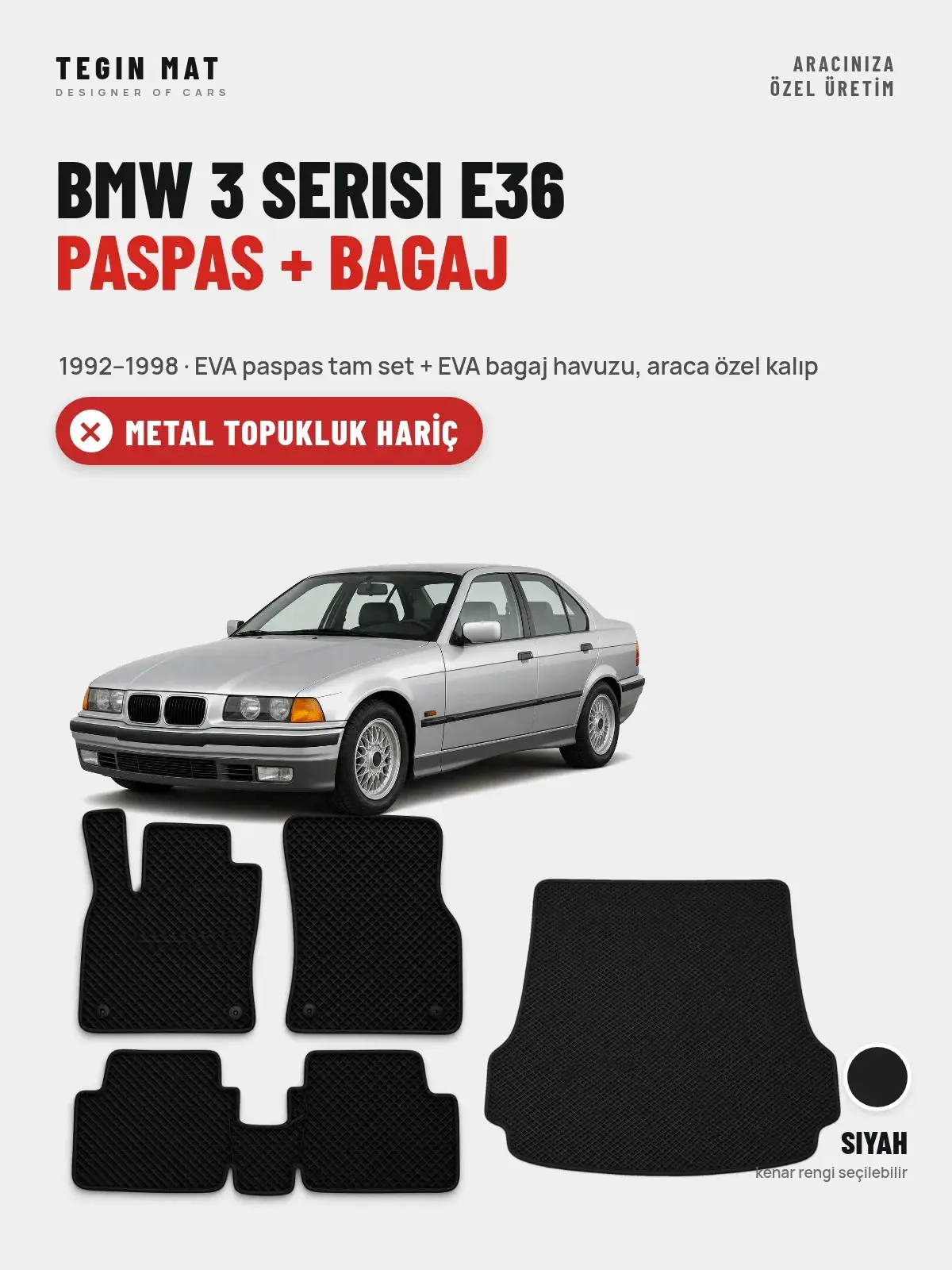 BMW 3 Serisi E36 EVA Paspas + Bagaj Havuzu Seti (1992–1998) Siyah – Metal Topukluk Hariç (1)