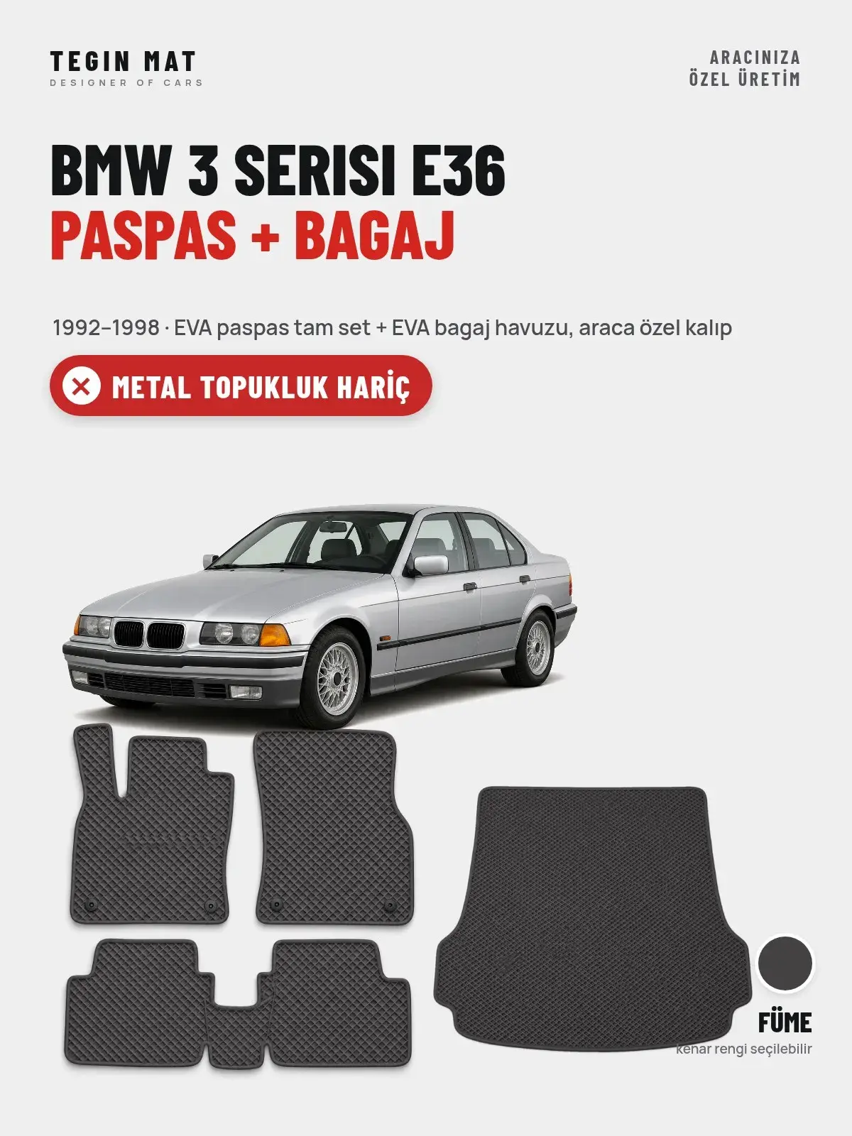 BMW 3 Serisi E36 EVA Paspas + Bagaj Havuzu Seti (1992–1998) Füme – Metal Topukluk Hariç (1)