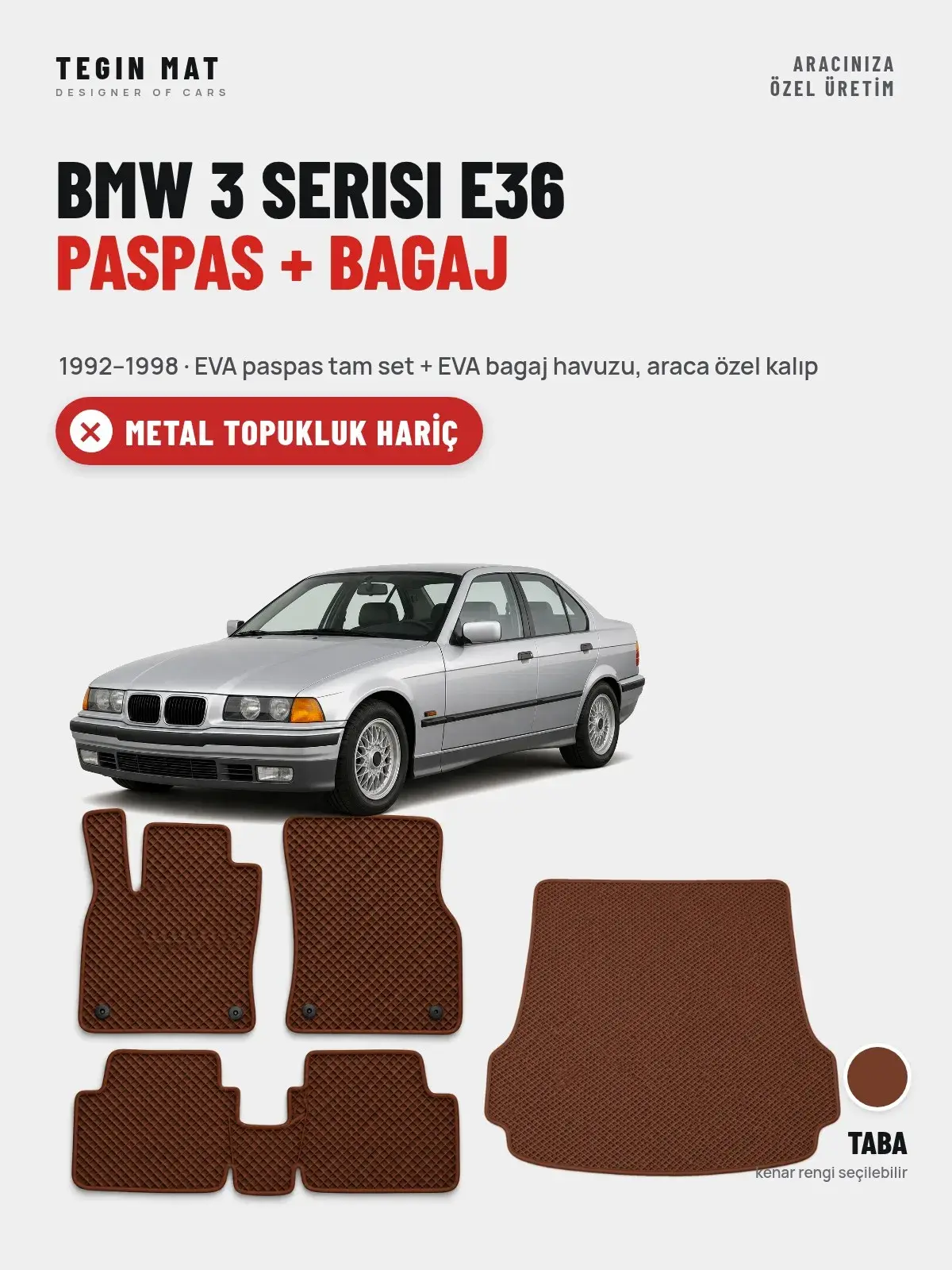 BMW 3 Serisi E36 EVA Paspas + Bagaj Havuzu Seti (1992–1998) Taba – Metal Topukluk Hariç (1)