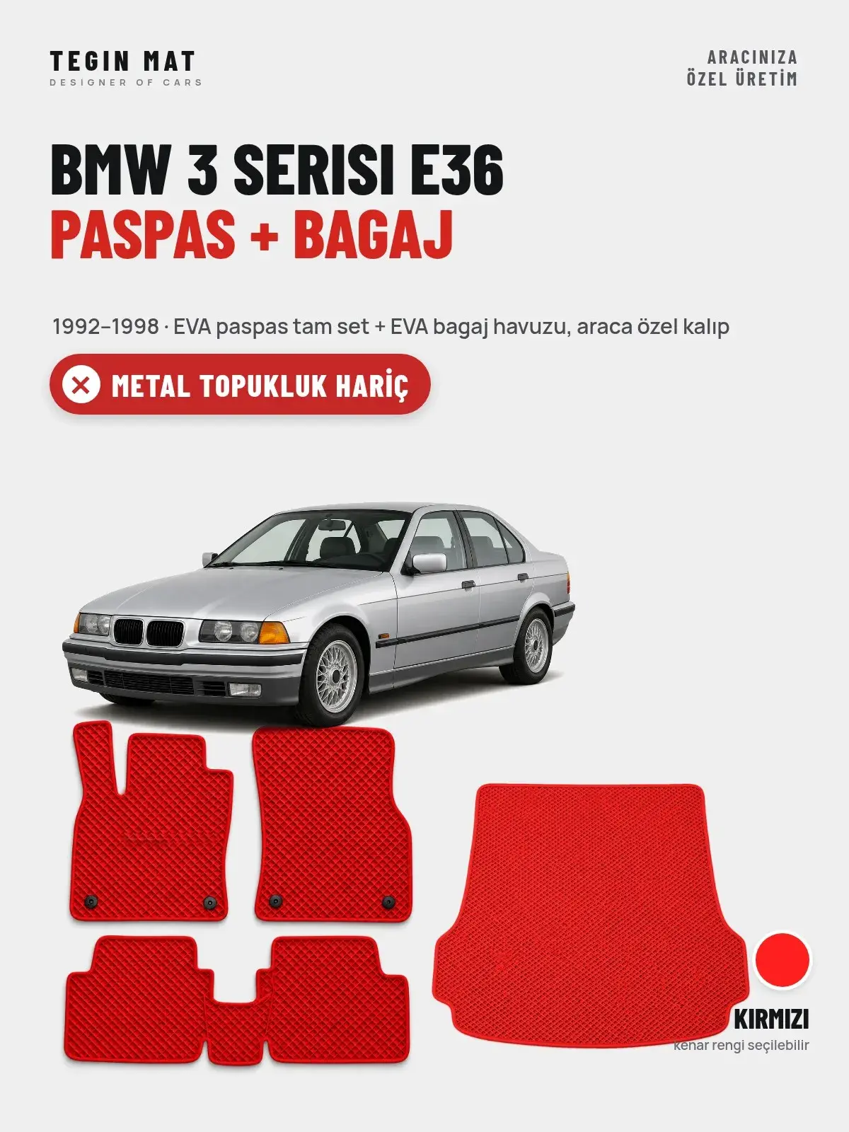 BMW 3 Serisi E36 EVA Paspas + Bagaj Havuzu Seti (1992–1998) Kırmızı – Metal Topukluk Hariç (1)