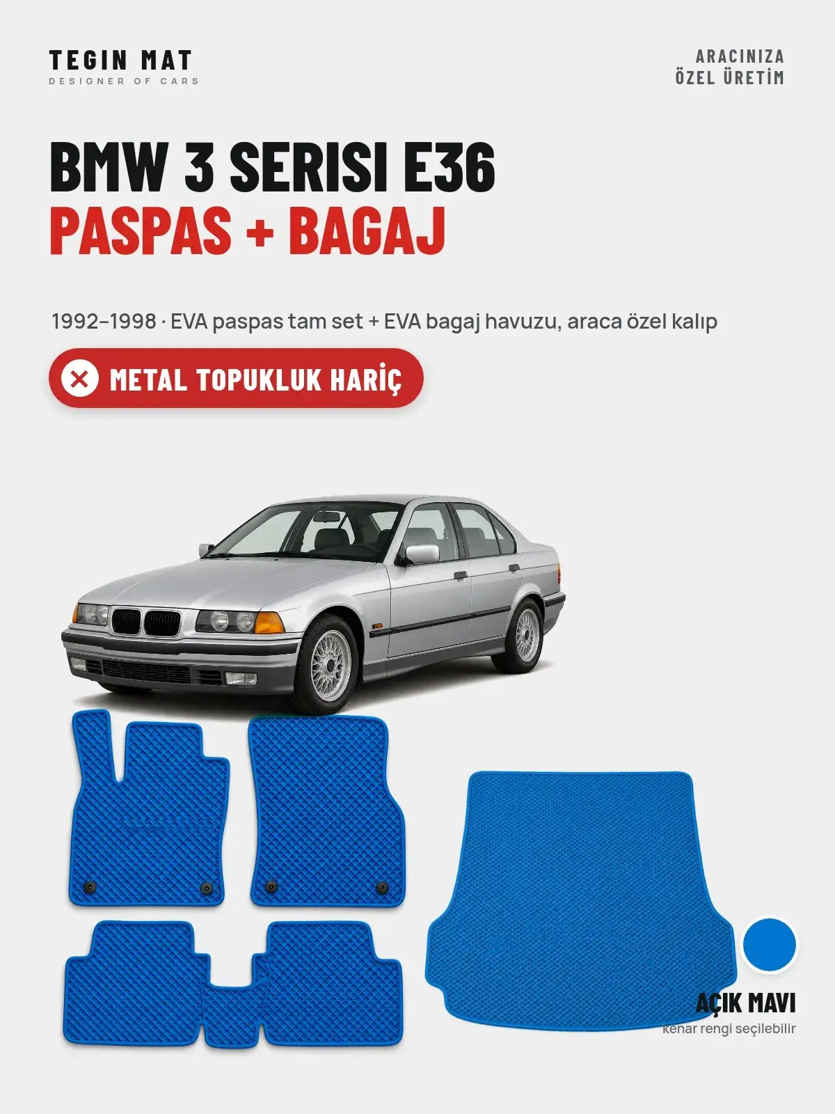 BMW 3 Serisi E36 EVA Paspas + Bagaj Havuzu Seti (1992–1998) Açık Mavi – Metal Topukluk Hariç (1)