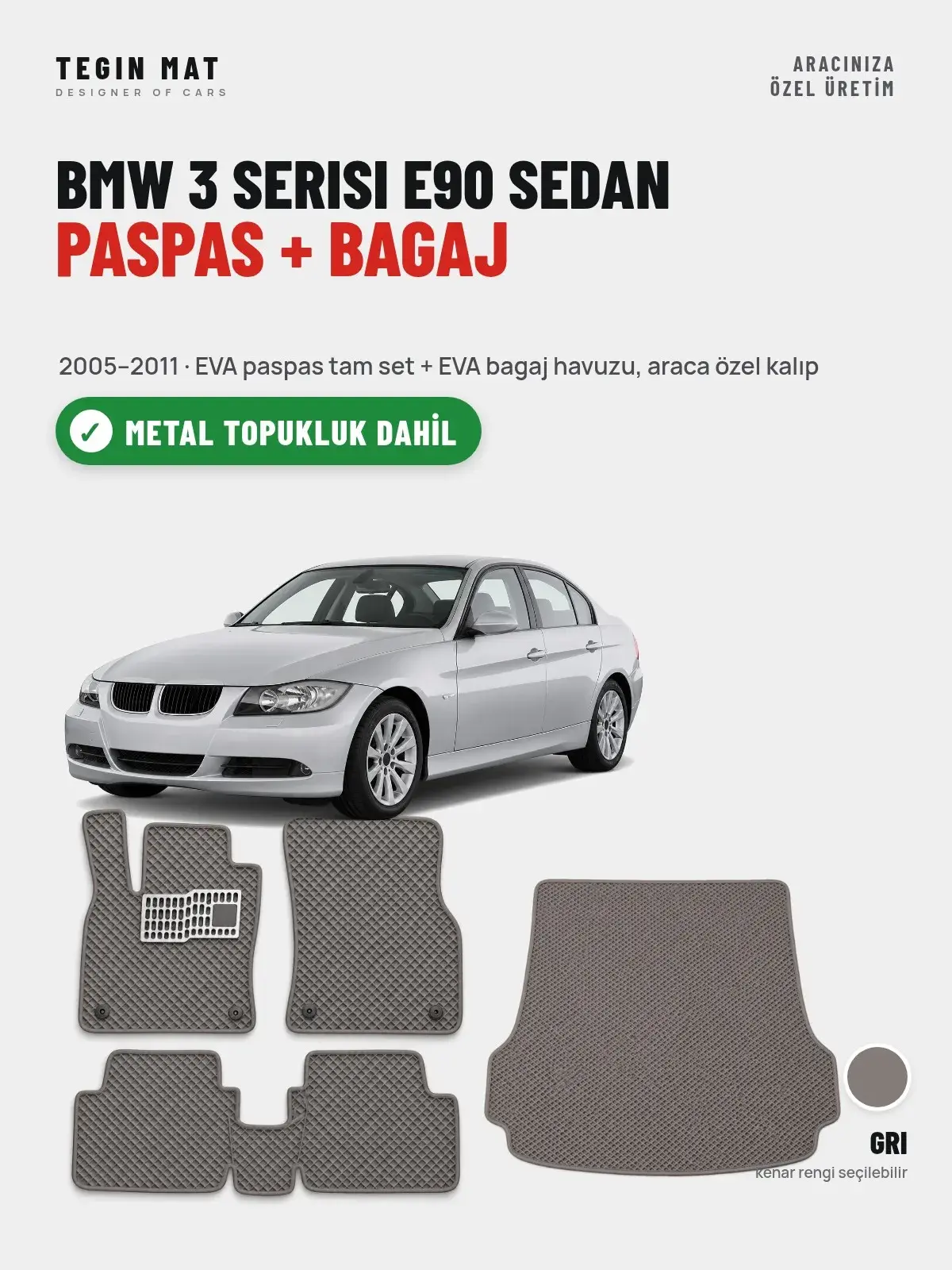 BMW 3 Serisi E90 Sedan EVA Paspas + Bagaj Havuzu Seti (2005–2011) Gri – Metal Topukluk Dahil (1)