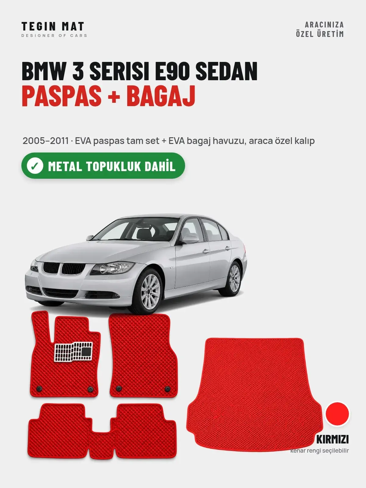 BMW 3 Serisi E90 Sedan EVA Paspas + Bagaj Havuzu Seti (2005–2011) Kırmızı – Metal Topukluk Dahil (1)