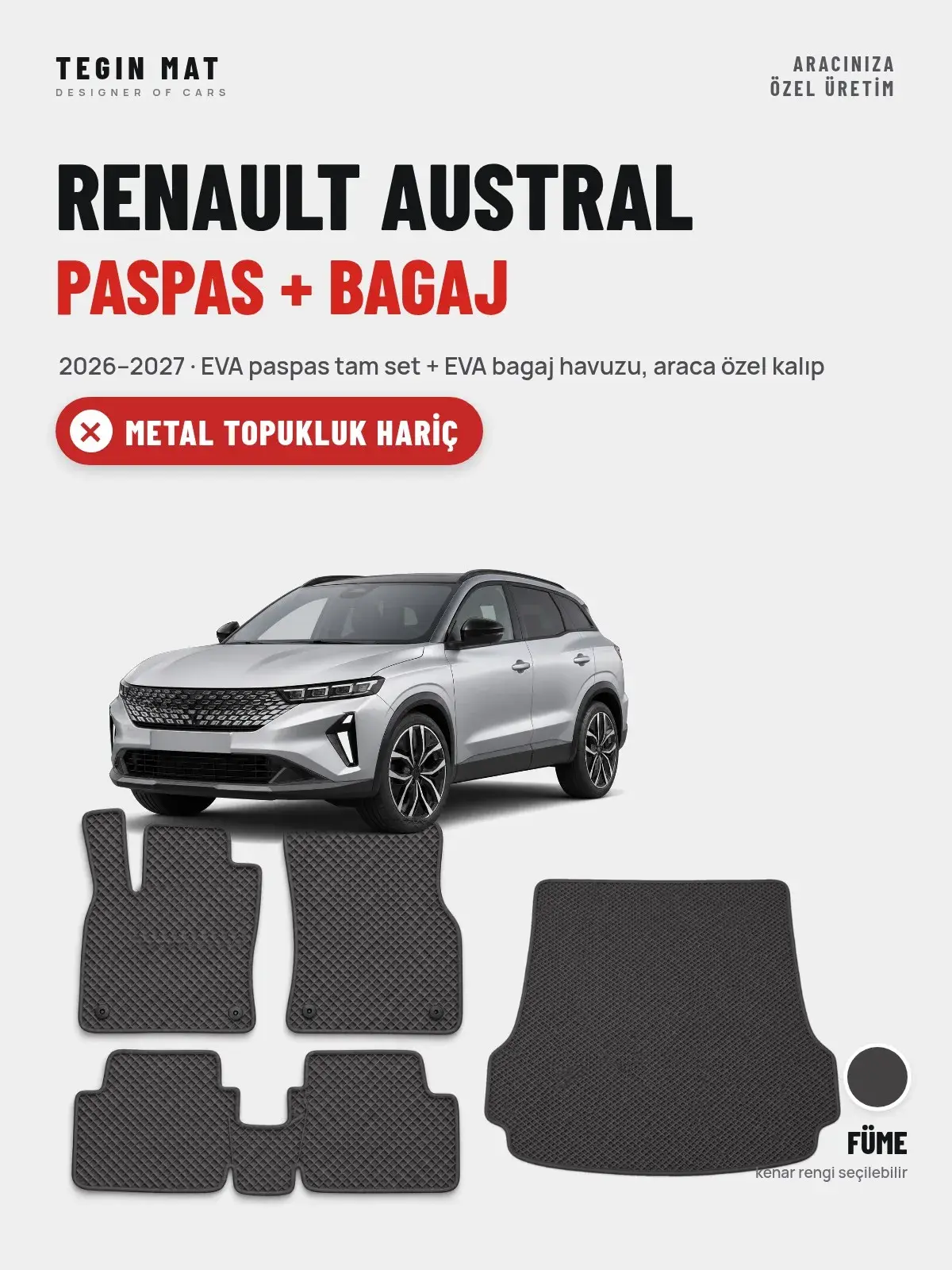 Renault Austral EVA Paspas + Bagaj Havuzu Seti (2026–2027) Füme – Metal Topukluk Hariç (1)