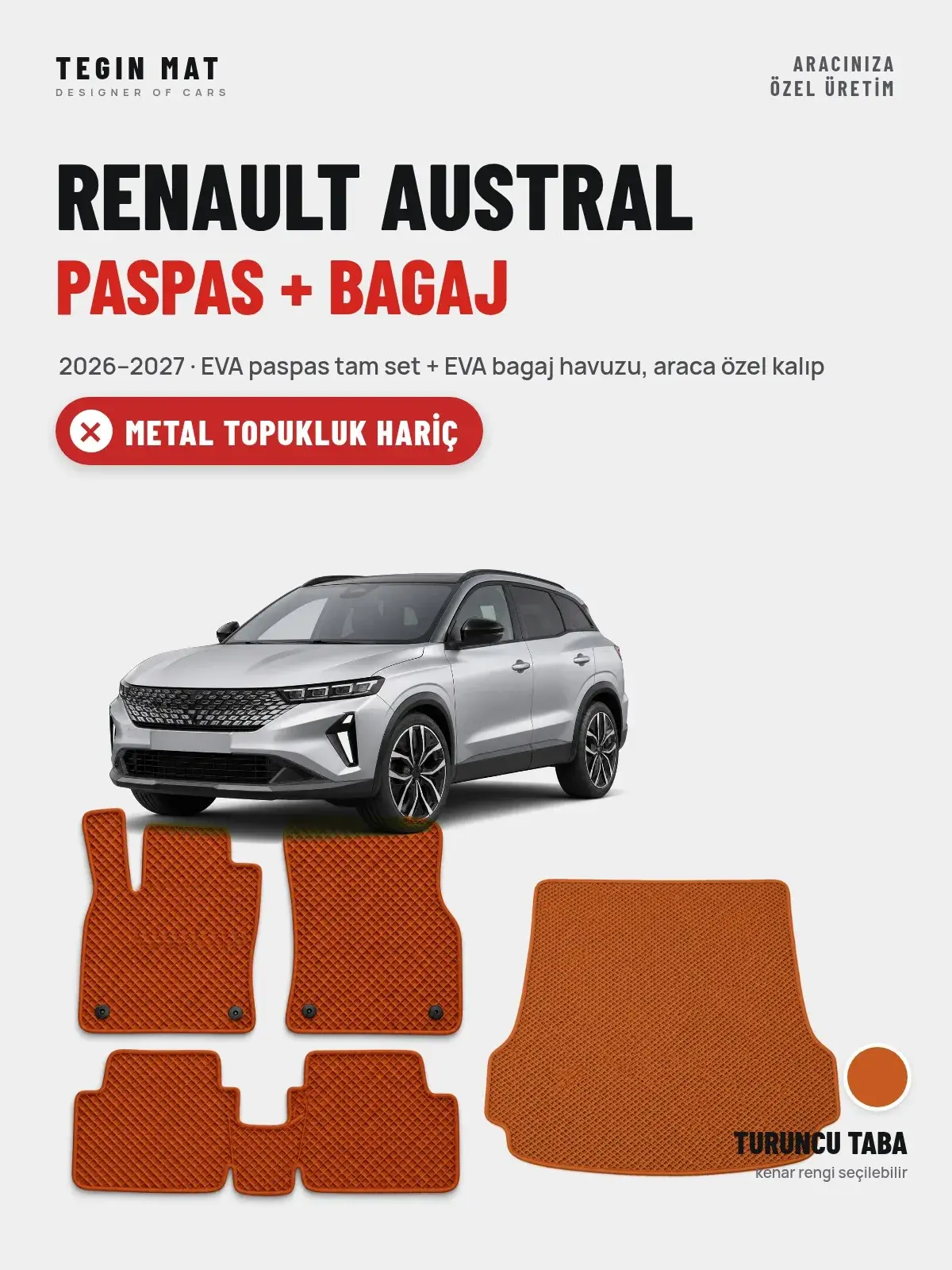Renault Austral EVA Paspas + Bagaj Havuzu Seti (2026–2027) Turuncu Taba – Metal Topukluk Hariç (1)