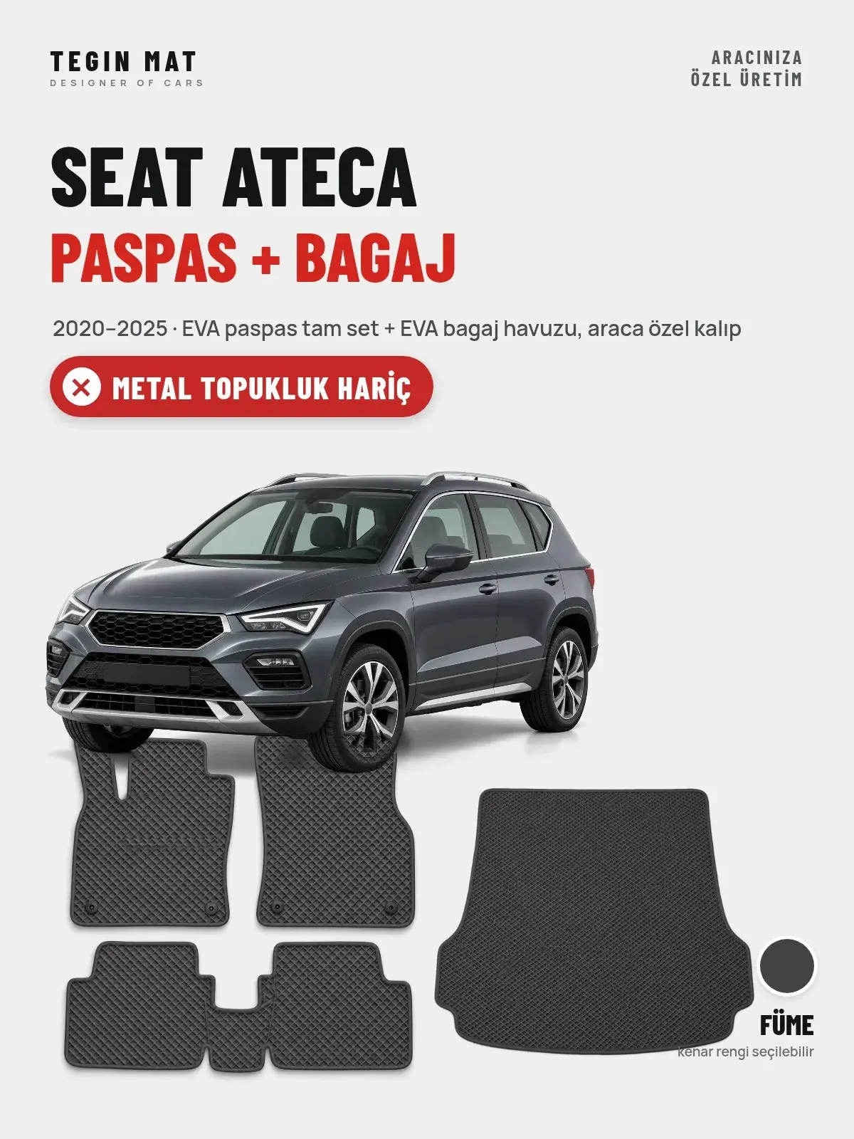 Seat Ateca EVA Paspas + Bagaj Havuzu Seti (2020–2025) Füme – Metal Topukluk Hariç (1)