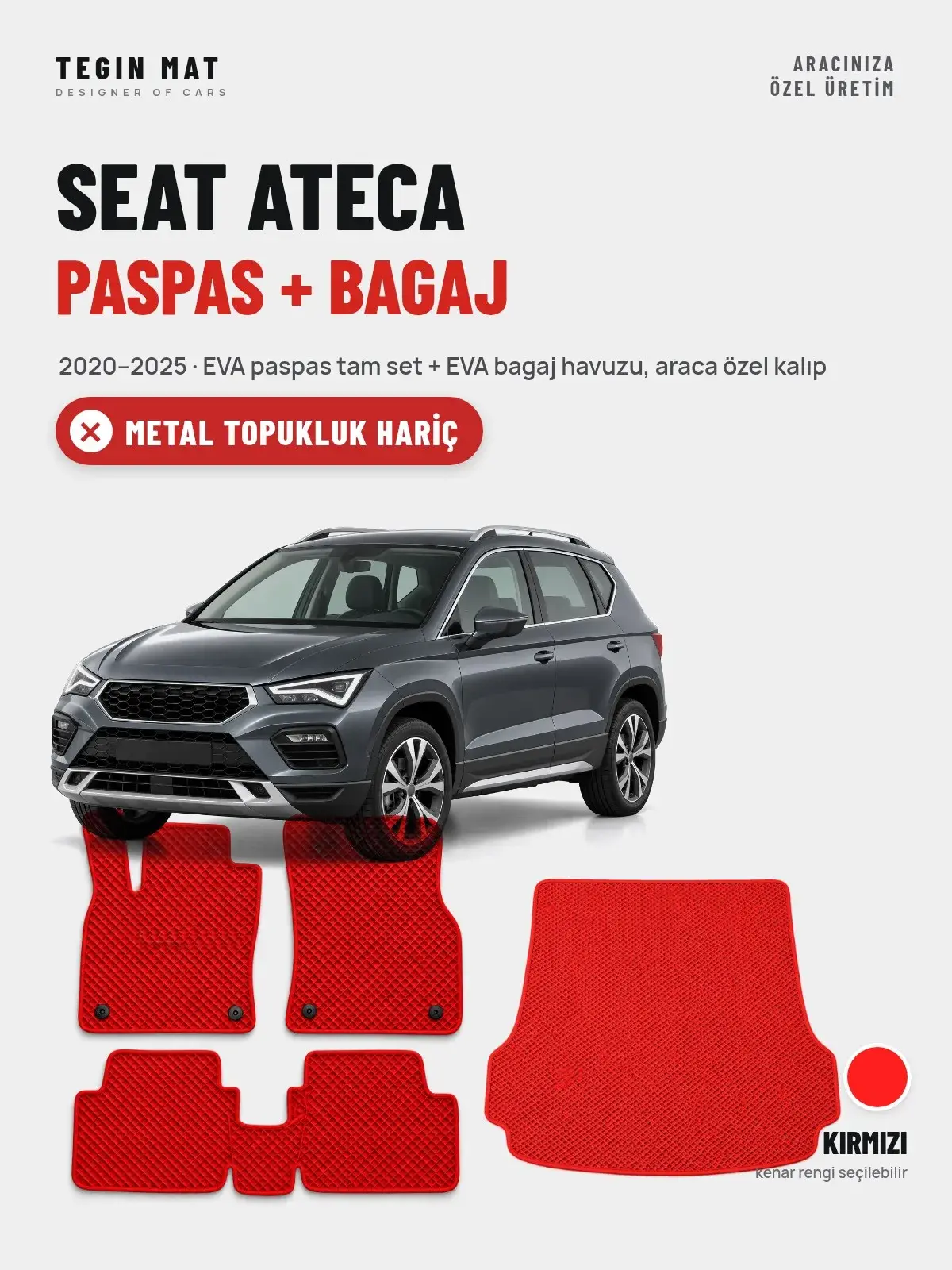 Seat Ateca EVA Paspas + Bagaj Havuzu Seti (2020–2025) Kırmızı – Metal Topukluk Hariç (1)