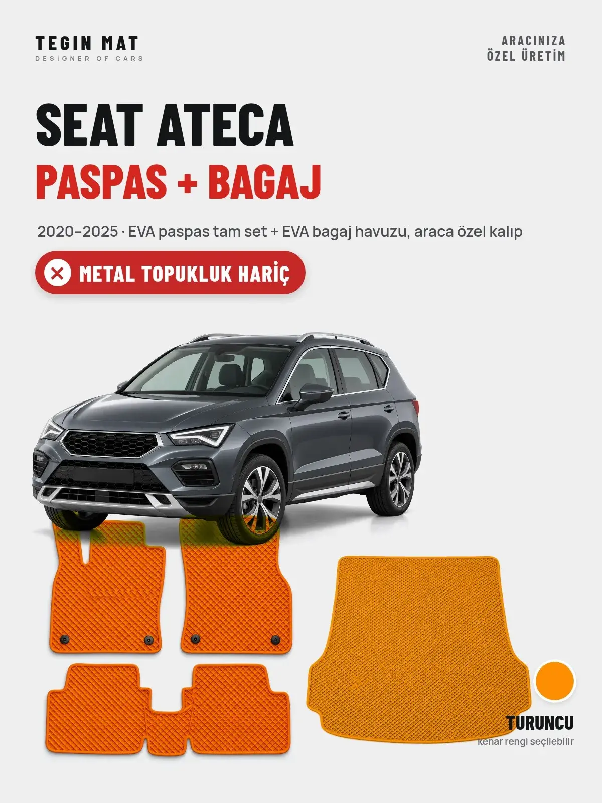 Seat Ateca EVA Paspas + Bagaj Havuzu Seti (2020–2025) Turuncu – Metal Topukluk Hariç (1)