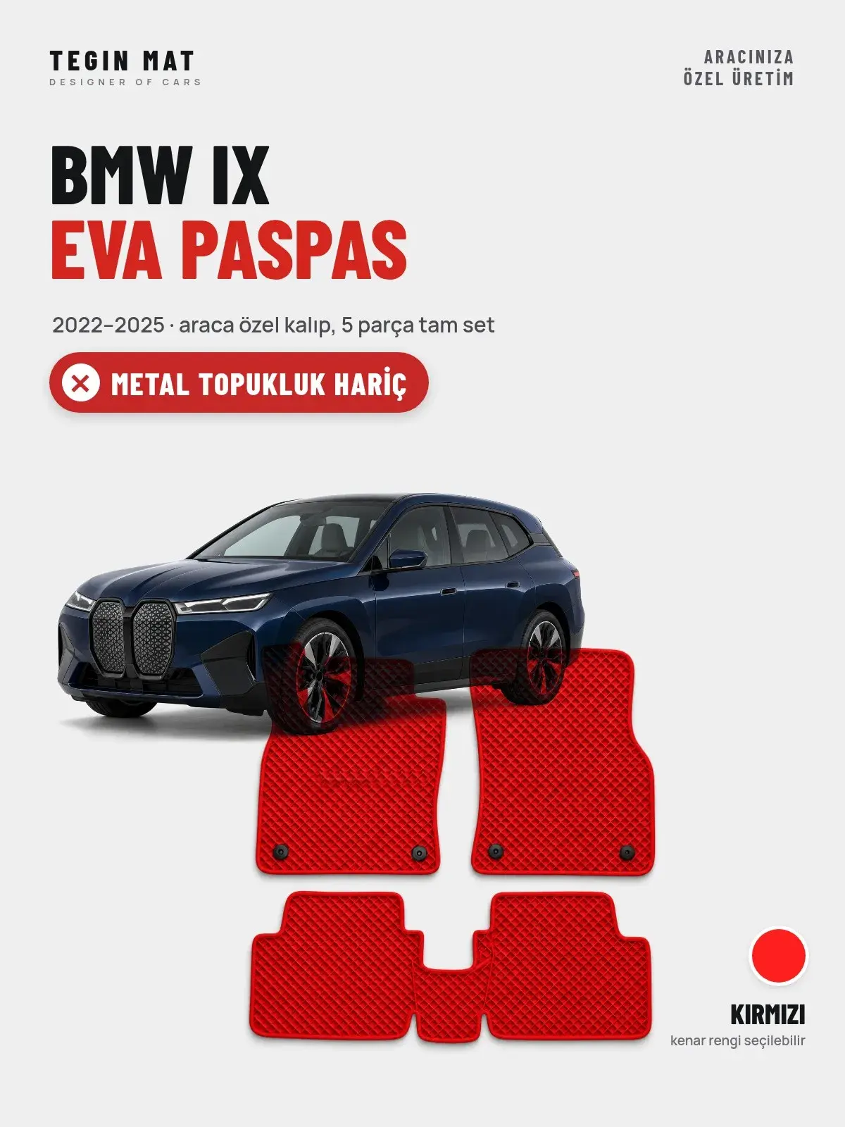 BMW iX EVA Oto Paspas Tam Set (2022–2025) Kırmızı – Metal Topukluk Hariç (1)
