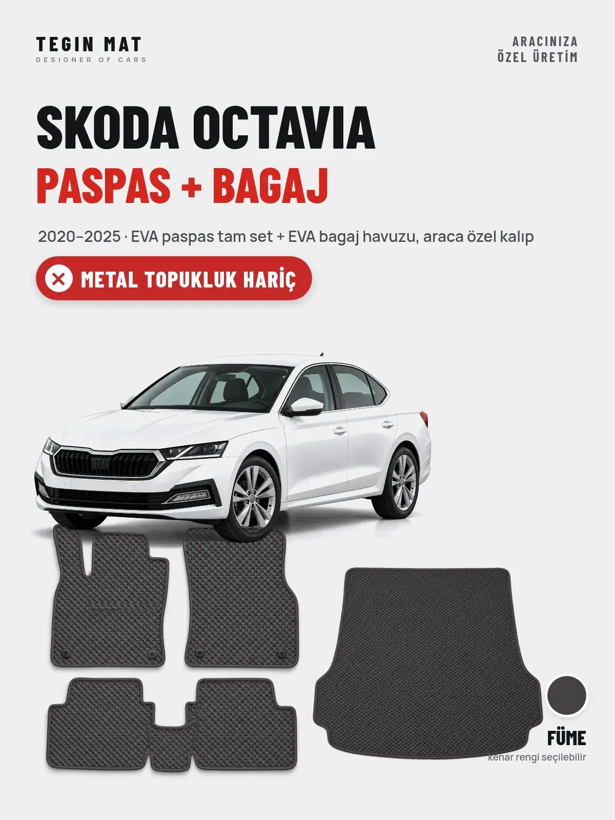 Skoda Octavia EVA Paspas + Bagaj Havuzu Seti (2020–2025) Füme – Metal Topukluk Hariç (1)