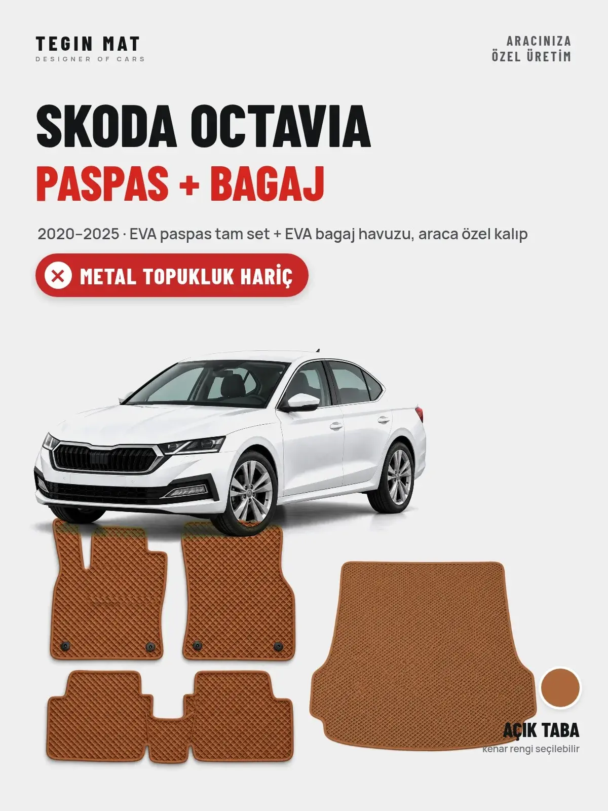 Skoda Octavia EVA Paspas + Bagaj Havuzu Seti (2020–2025) Açık Taba – Metal Topukluk Hariç (1)
