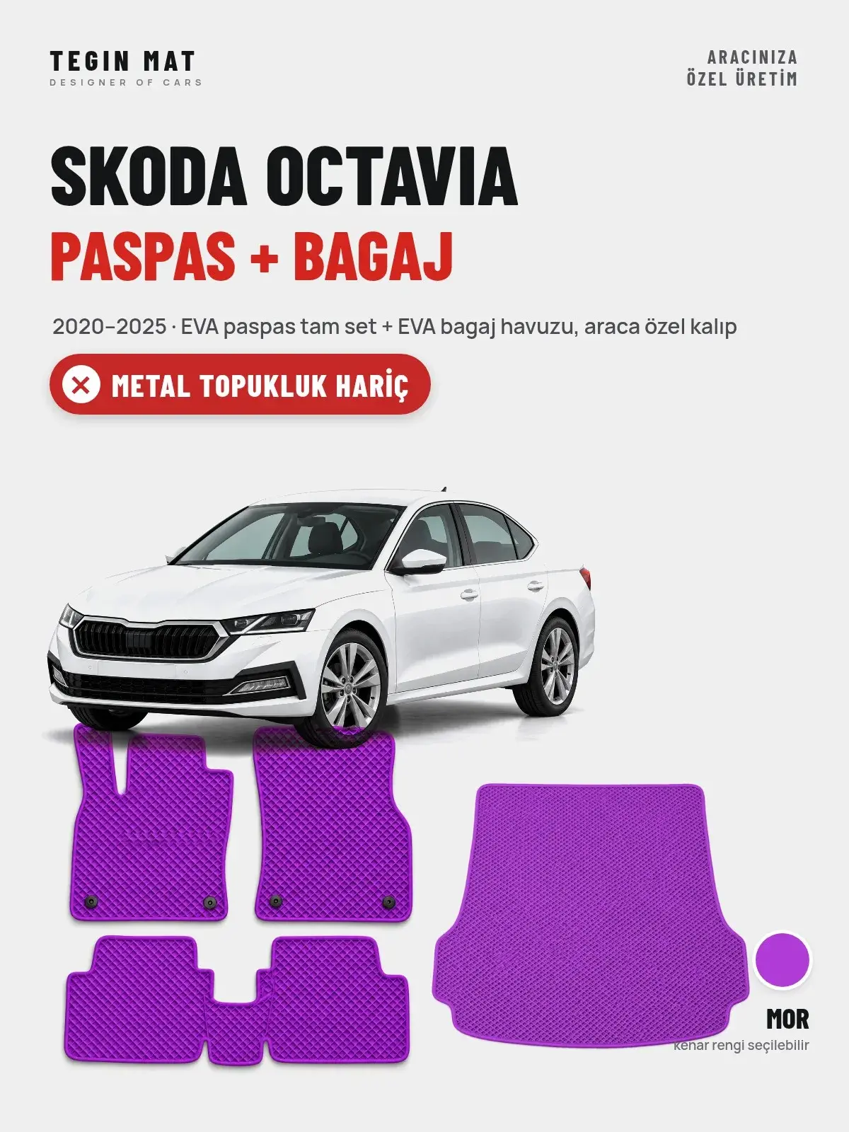 Skoda Octavia EVA Paspas + Bagaj Havuzu Seti (2020–2025) Mor – Metal Topukluk Hariç (1)