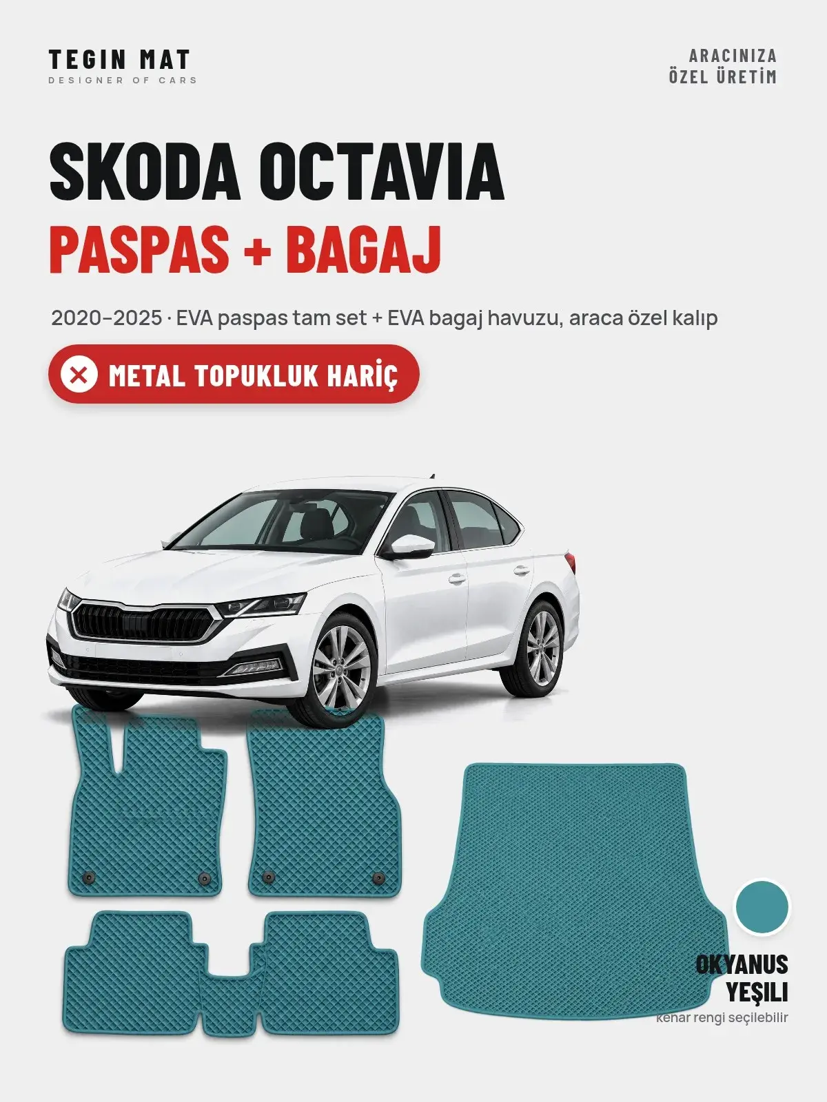 Skoda Octavia EVA Paspas + Bagaj Havuzu Seti (2020–2025) Okyanus Yeşili – Metal Topukluk Hariç (1)