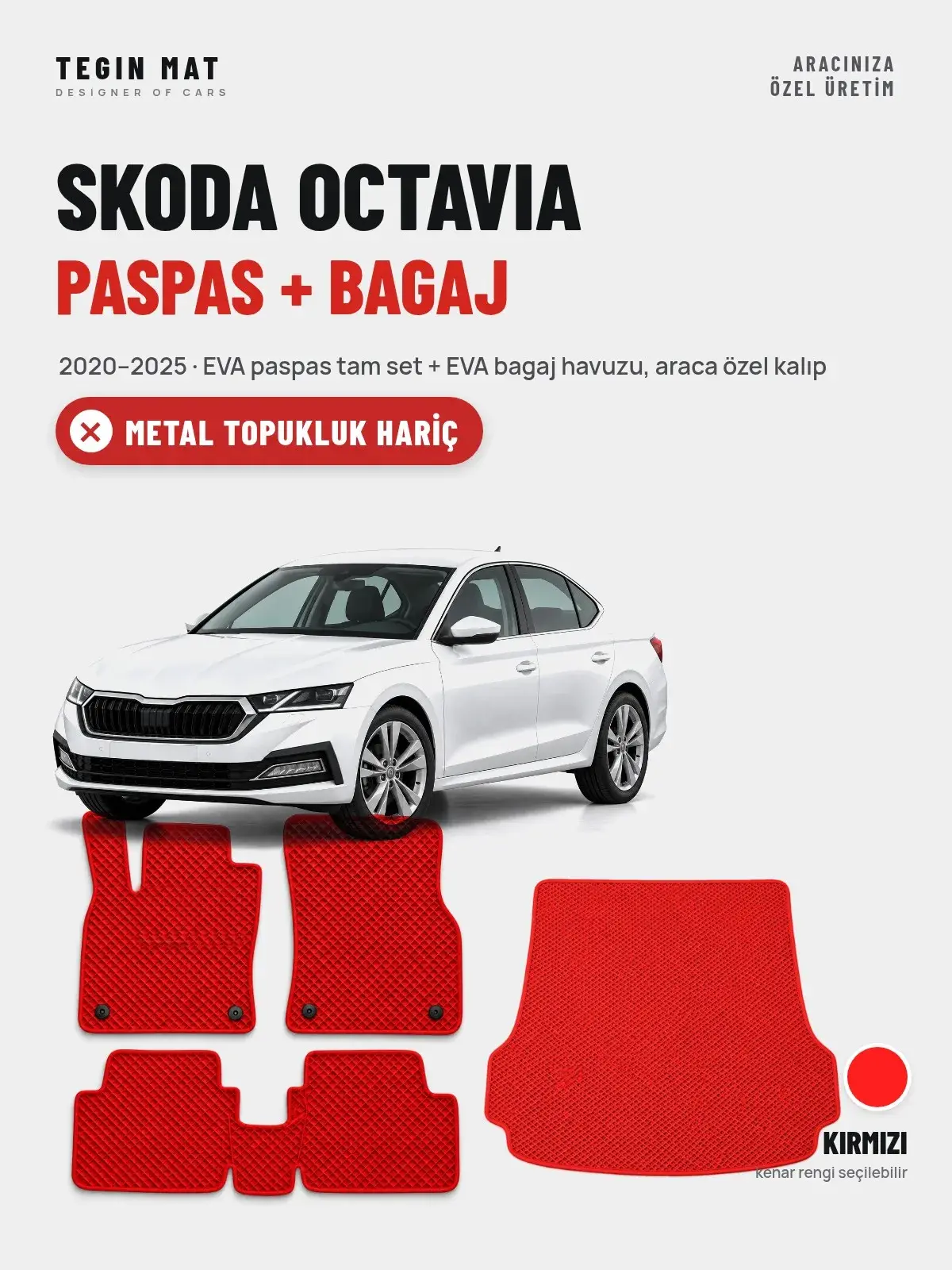 Skoda Octavia EVA Paspas + Bagaj Havuzu Seti (2020–2025) Kırmızı – Metal Topukluk Hariç (1)