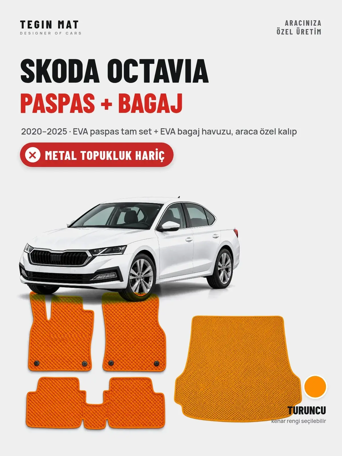 Skoda Octavia EVA Paspas + Bagaj Havuzu Seti (2020–2025) Turuncu – Metal Topukluk Hariç (1)